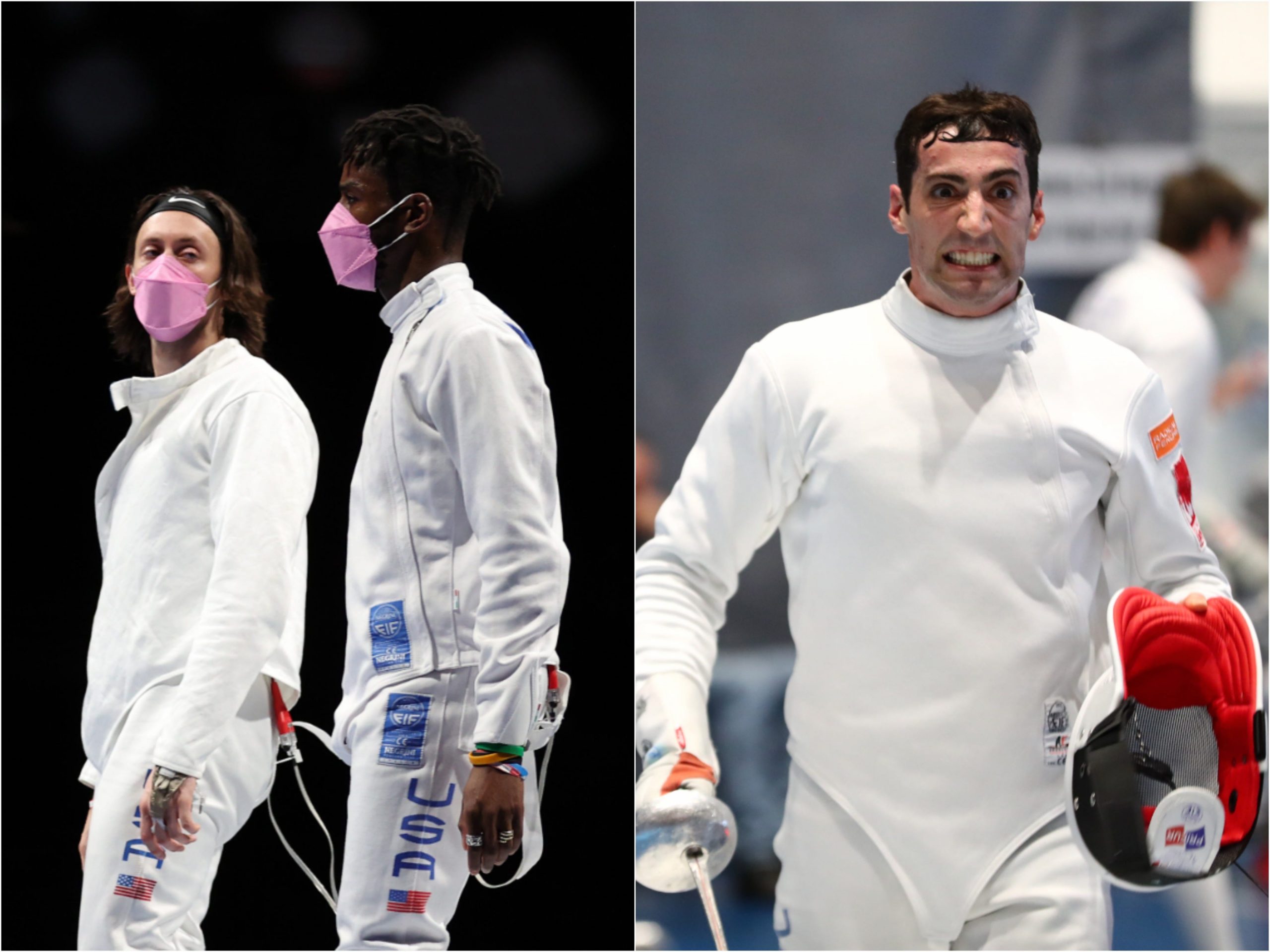(Left to right) Jacob Hoyle and Curtis McDowald wear pink masks, reportedly to protest teammate Alen Hadzic, who has been accused of sexual assault
