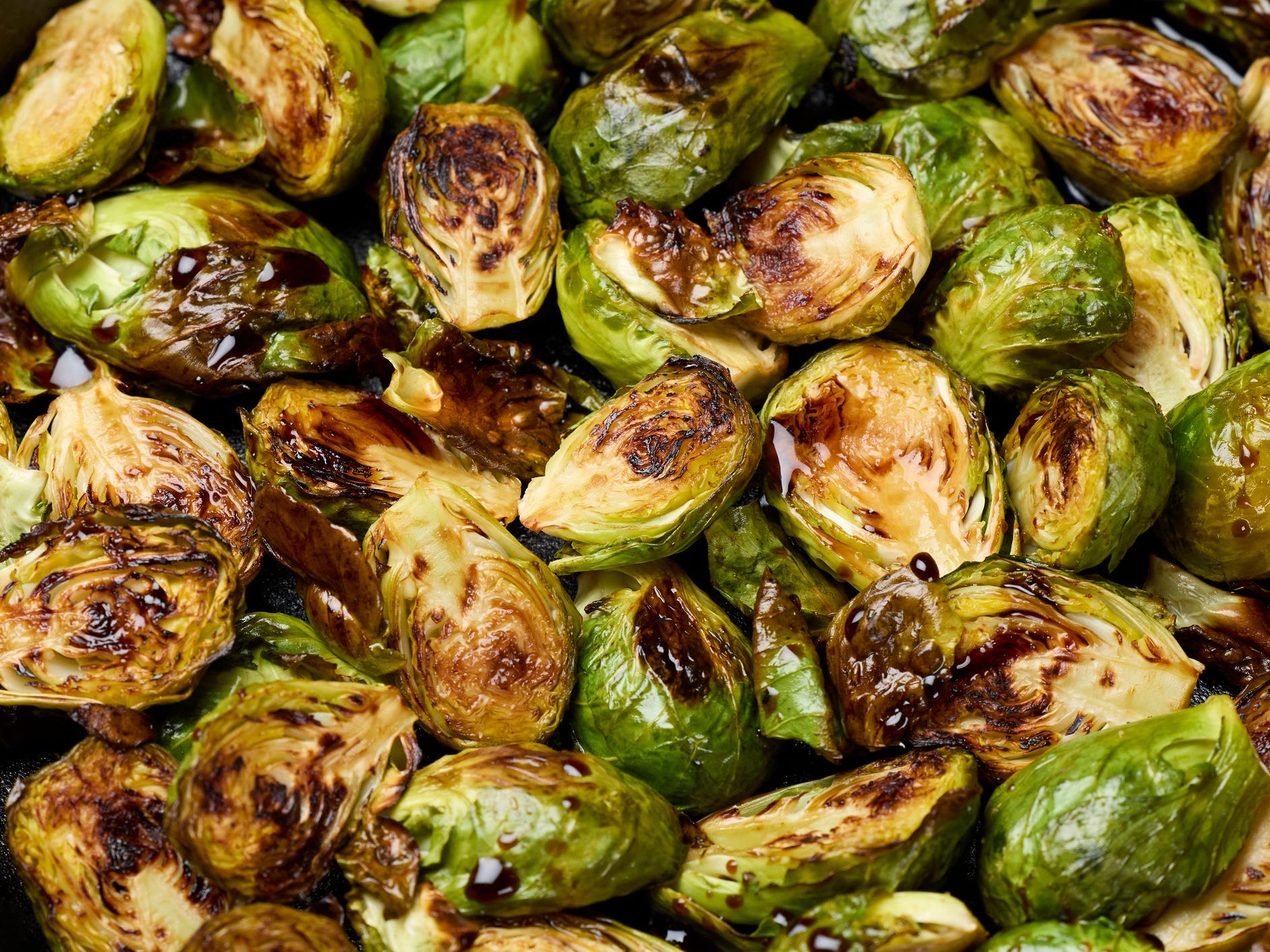 Many roasted and glazed brussels sprouts