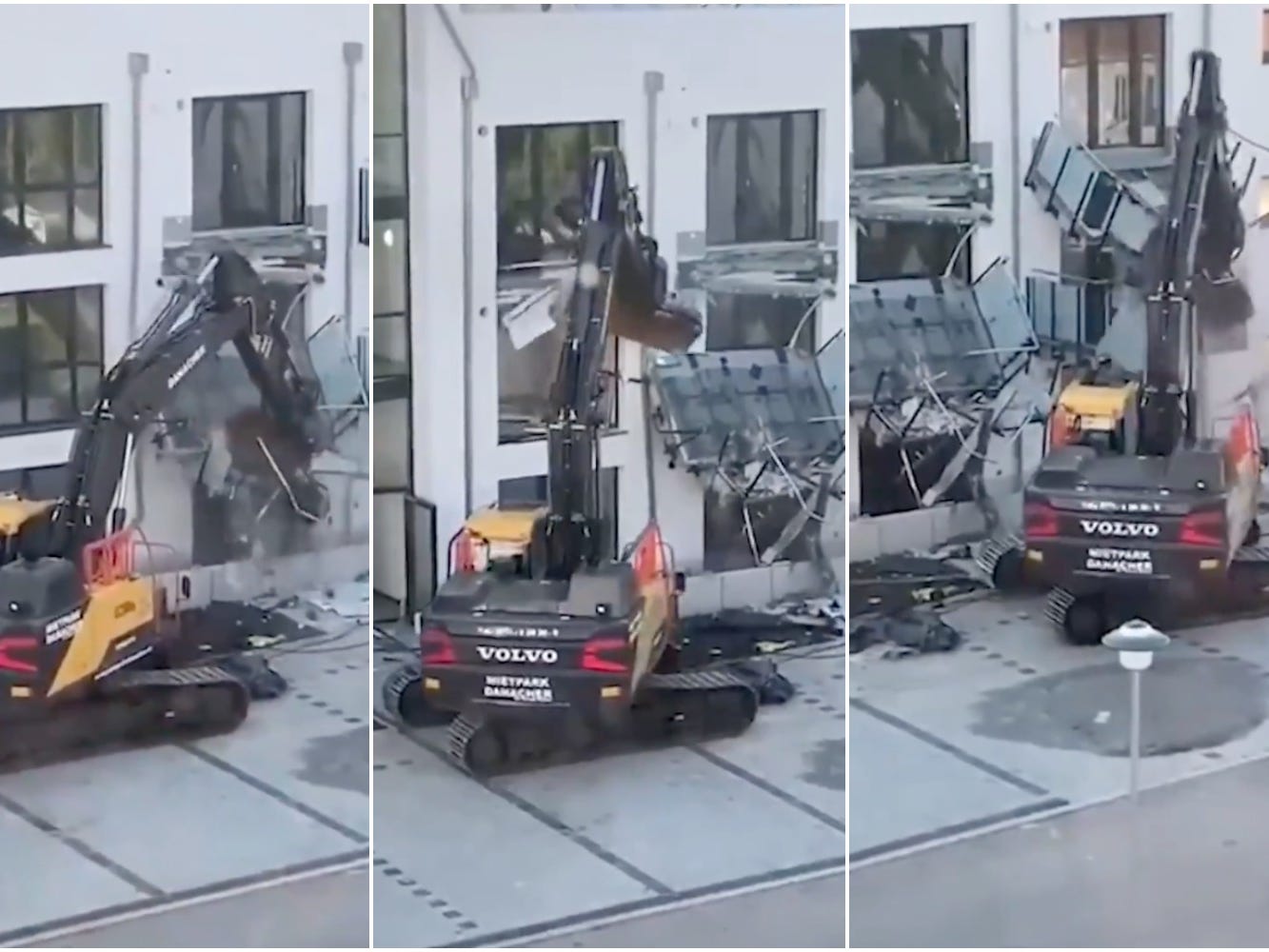 Man destroys building with excavator in Blumberg, Germany