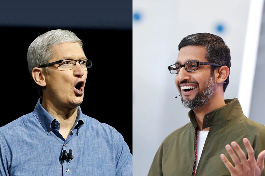 Apple-baas Tim Cook en Google-topman Sundar Pichai.