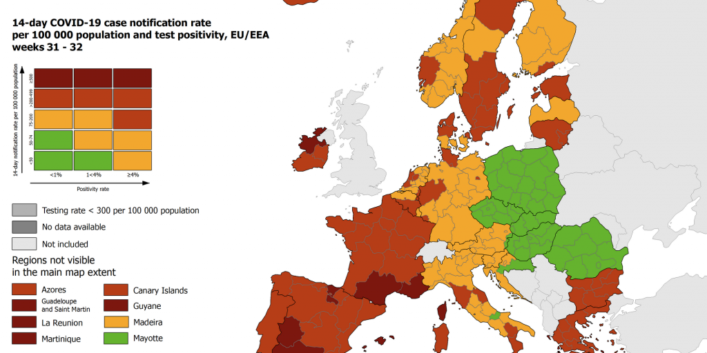 De Europese coronakaart van 19 augustus.