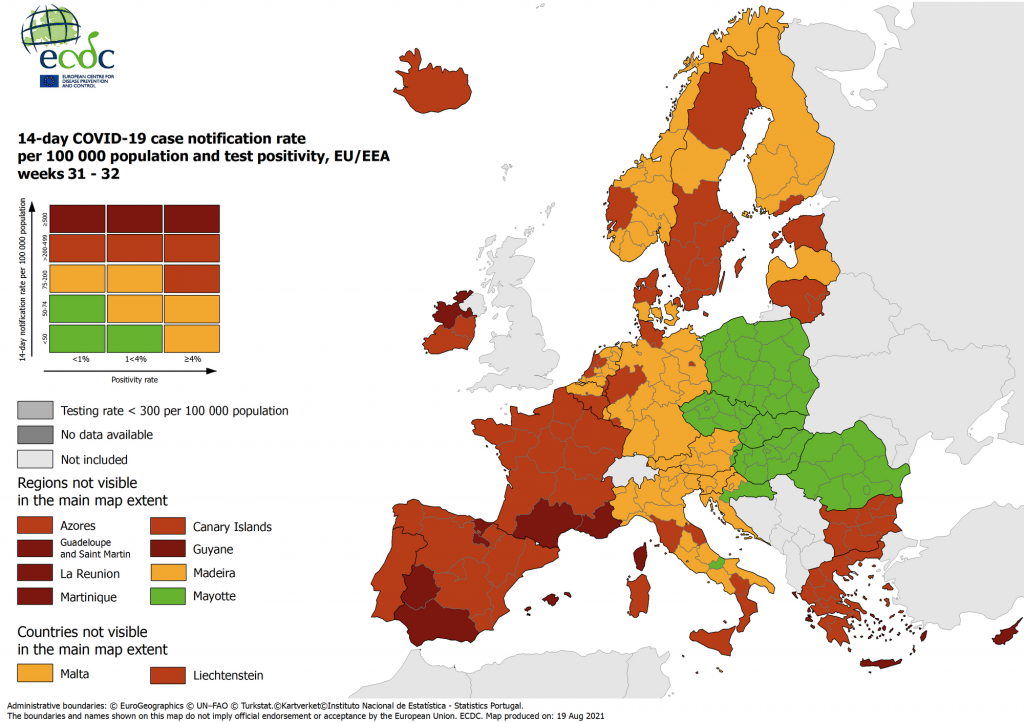 De Europese coronakaart van 19 augustus.