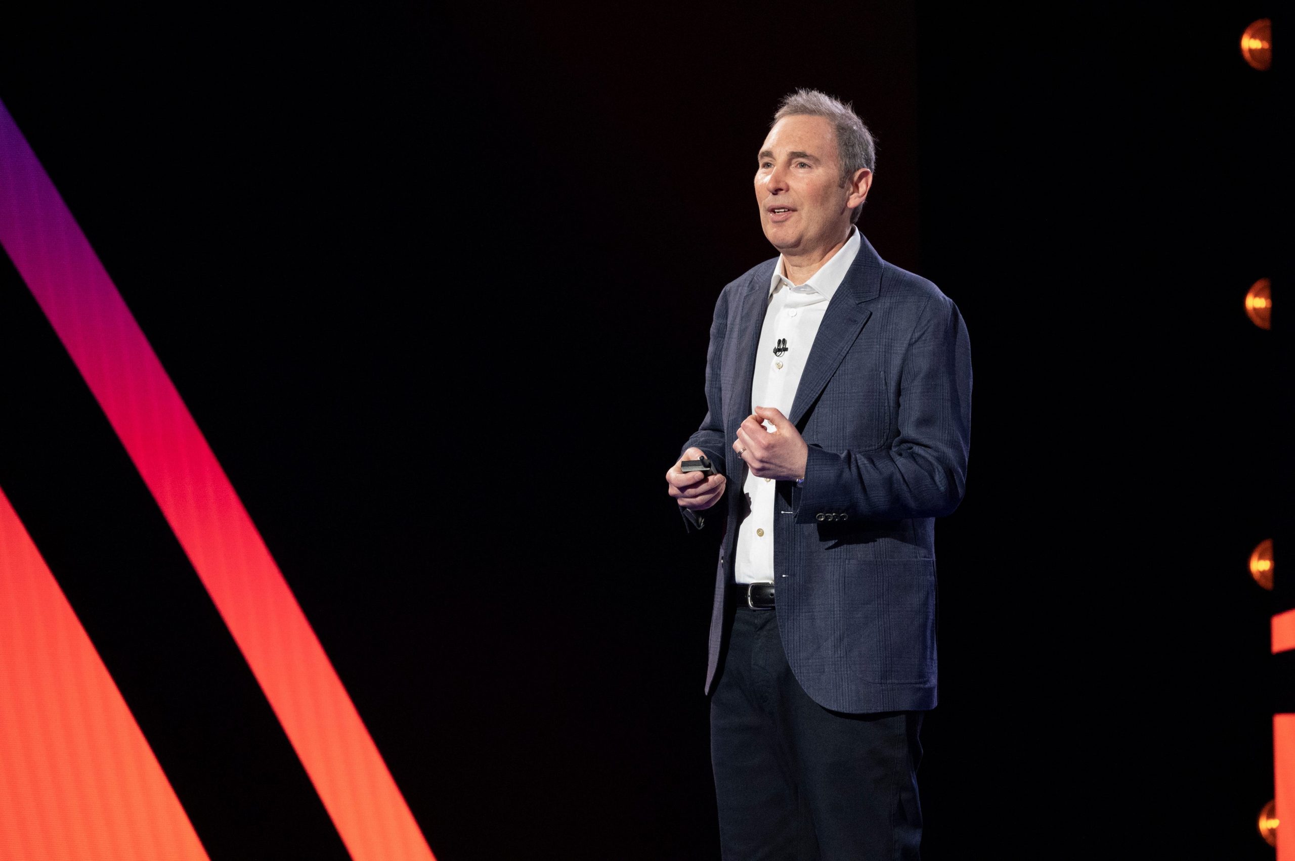 Amazon Web Services CEO Andy Jassy gives a presentation onstage.