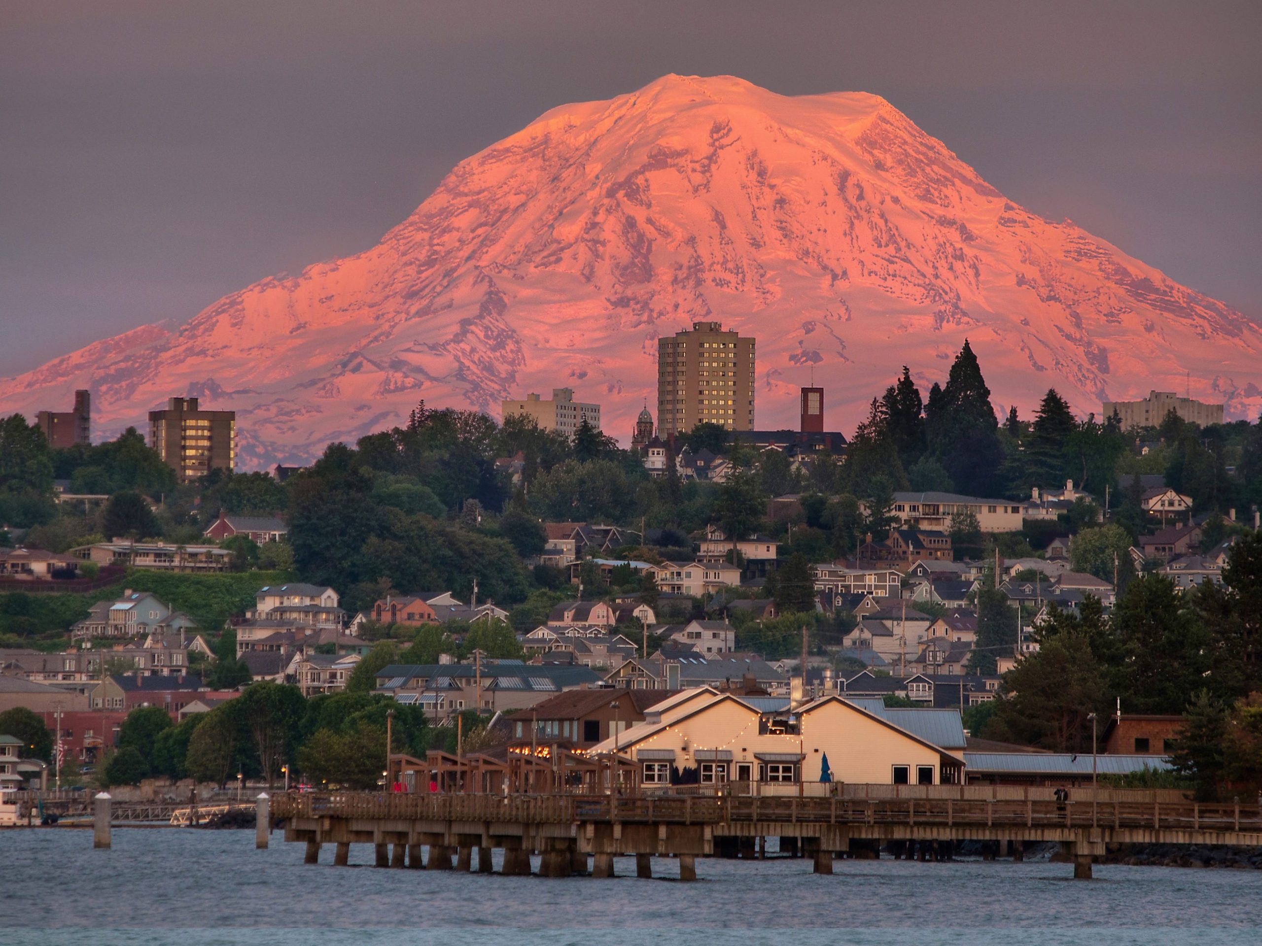 Mount Rainier looms over Tacoma, Washington.