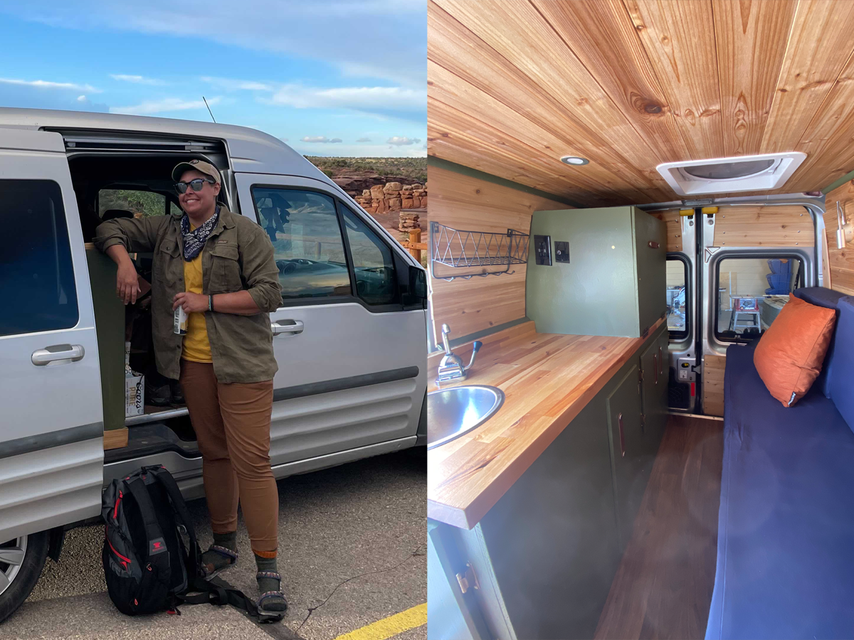 (left) abbey standing next to converted van side door (right) interior shot of the van with finished floors, counters, and ceiling