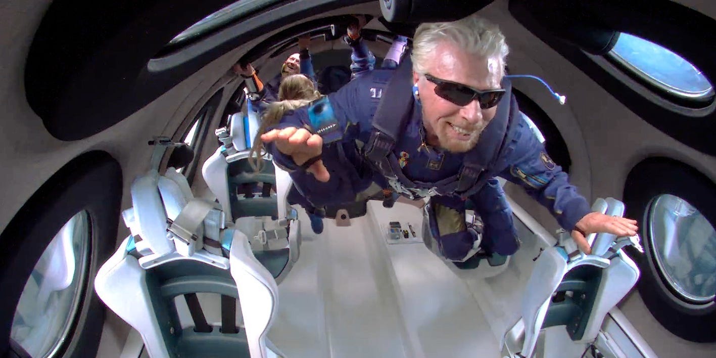 Richard Branson in space aboard a Virgin Galactic rocket plane.