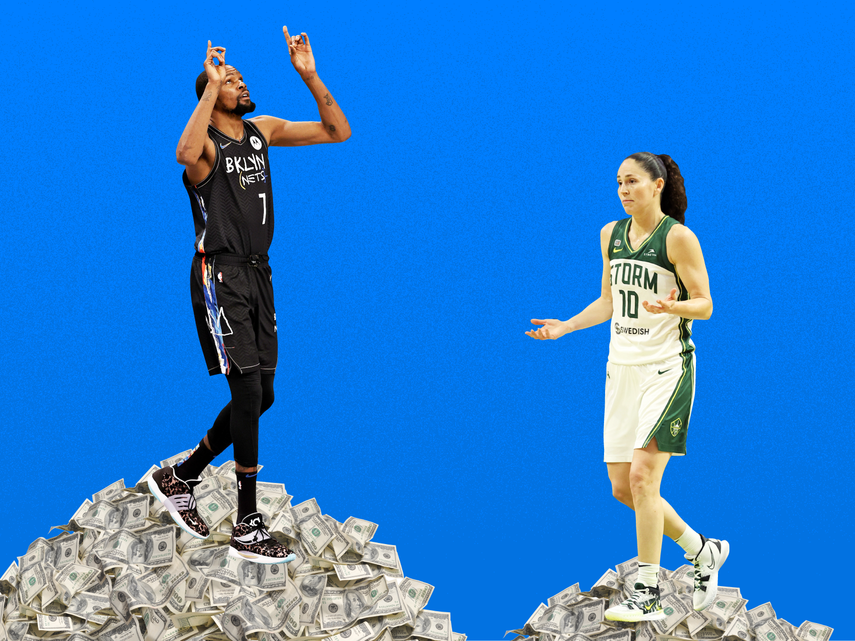 Composite image of Kevin Durant standing on a large pile of money next to Sue Bird standing on a small pile of money.