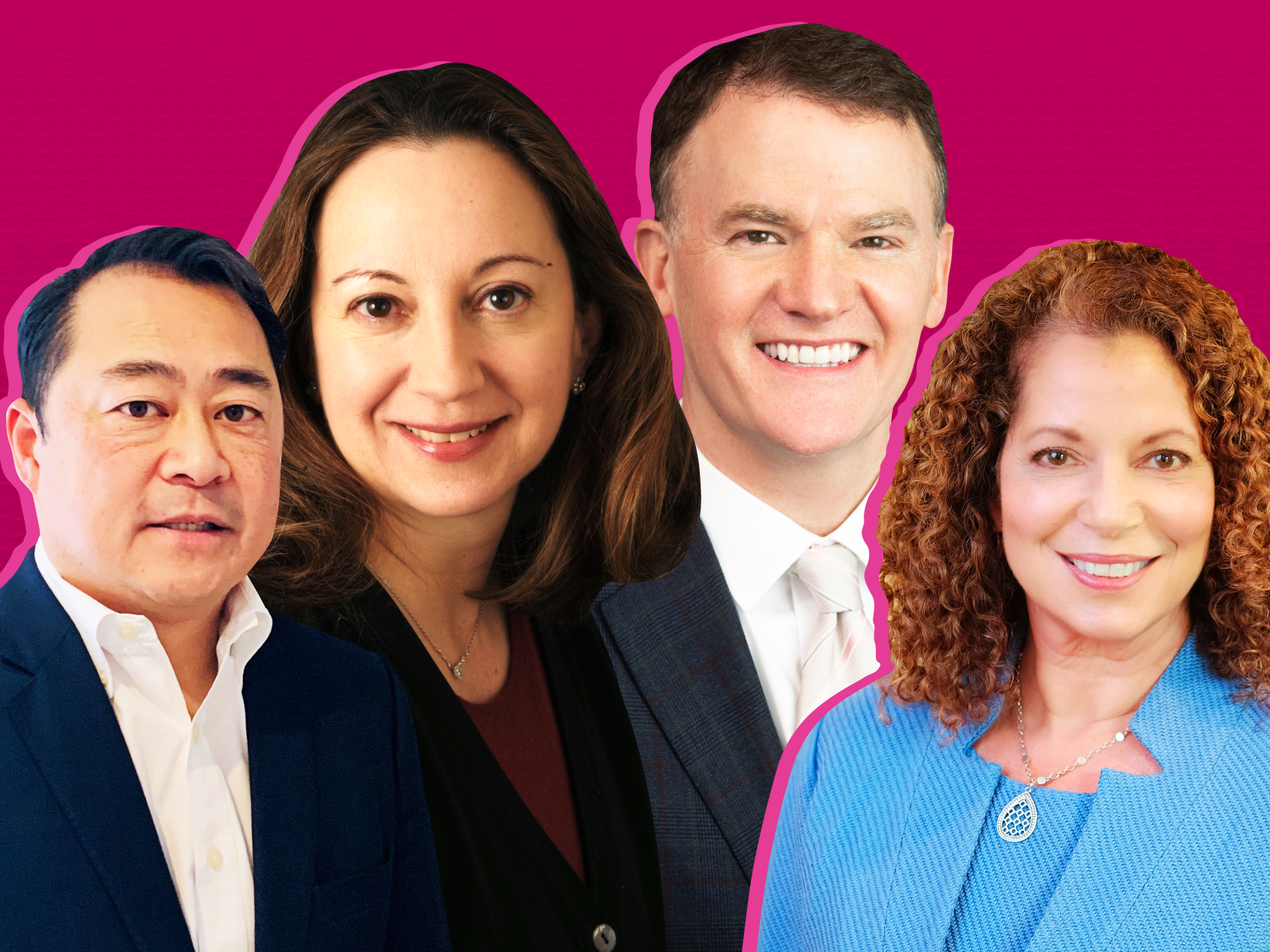 Todd Angkatavanich, Natasha Pearl, Bill Bjiesse, and Lisa Featherngill on a pink background.