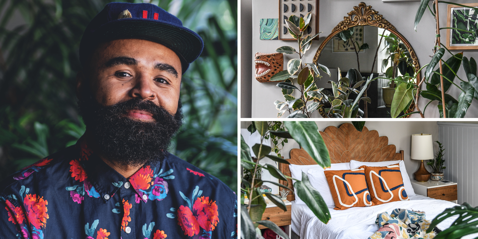 A collage with a picture of Hilton Carter wearing a floral button-up shirt, a picture of plants and a mirror hanging on a wall, and a picture of a bed surrounded by plants.