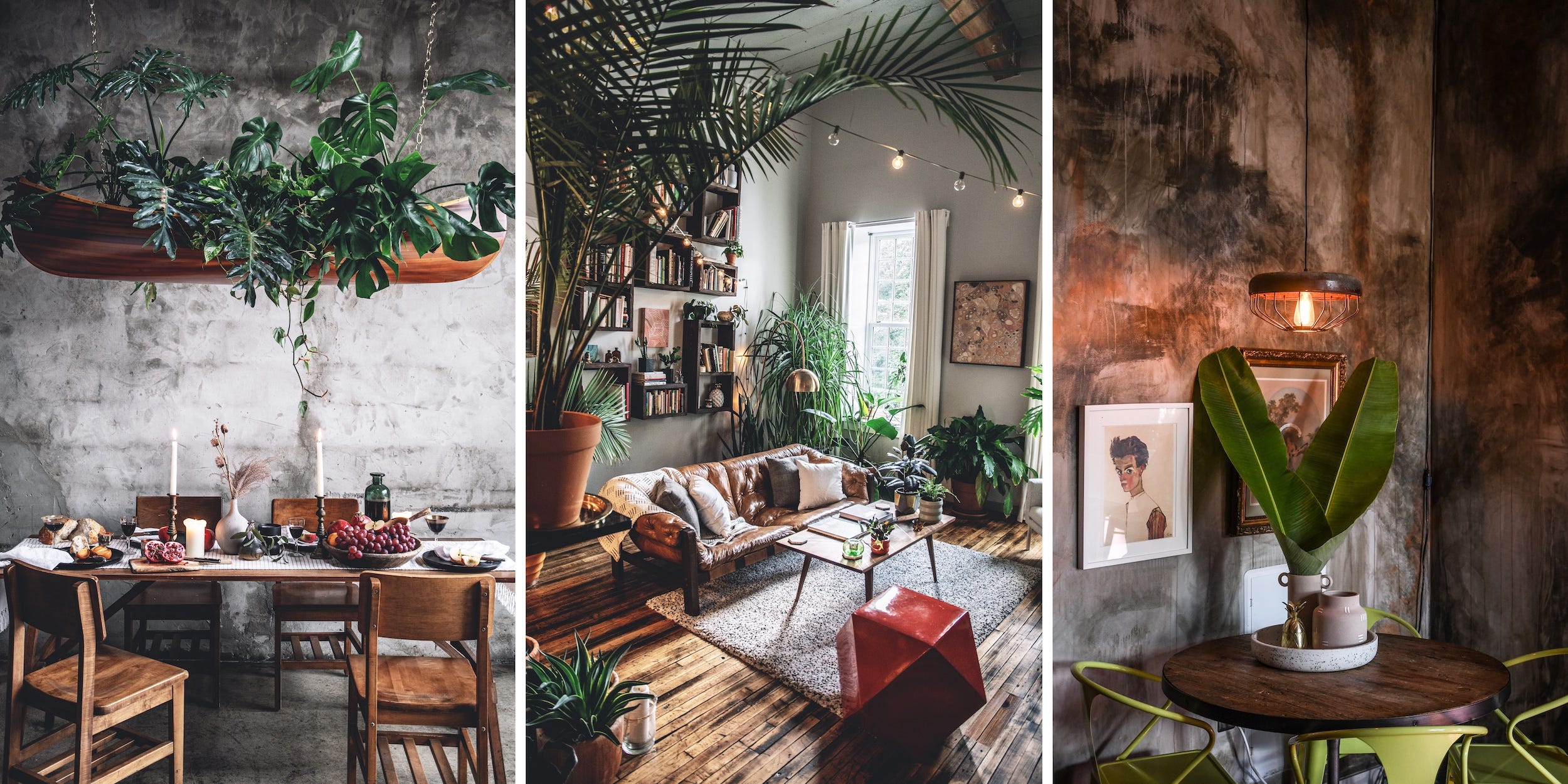 A collage with three photos showing a brown table decorated with candles, fruit, and glasses of wine; a living room decorated with a brown couch, a coffee table, hanging shelves full of books, and plants; and a brown table with a plant at the center near a wall with two picture frames.