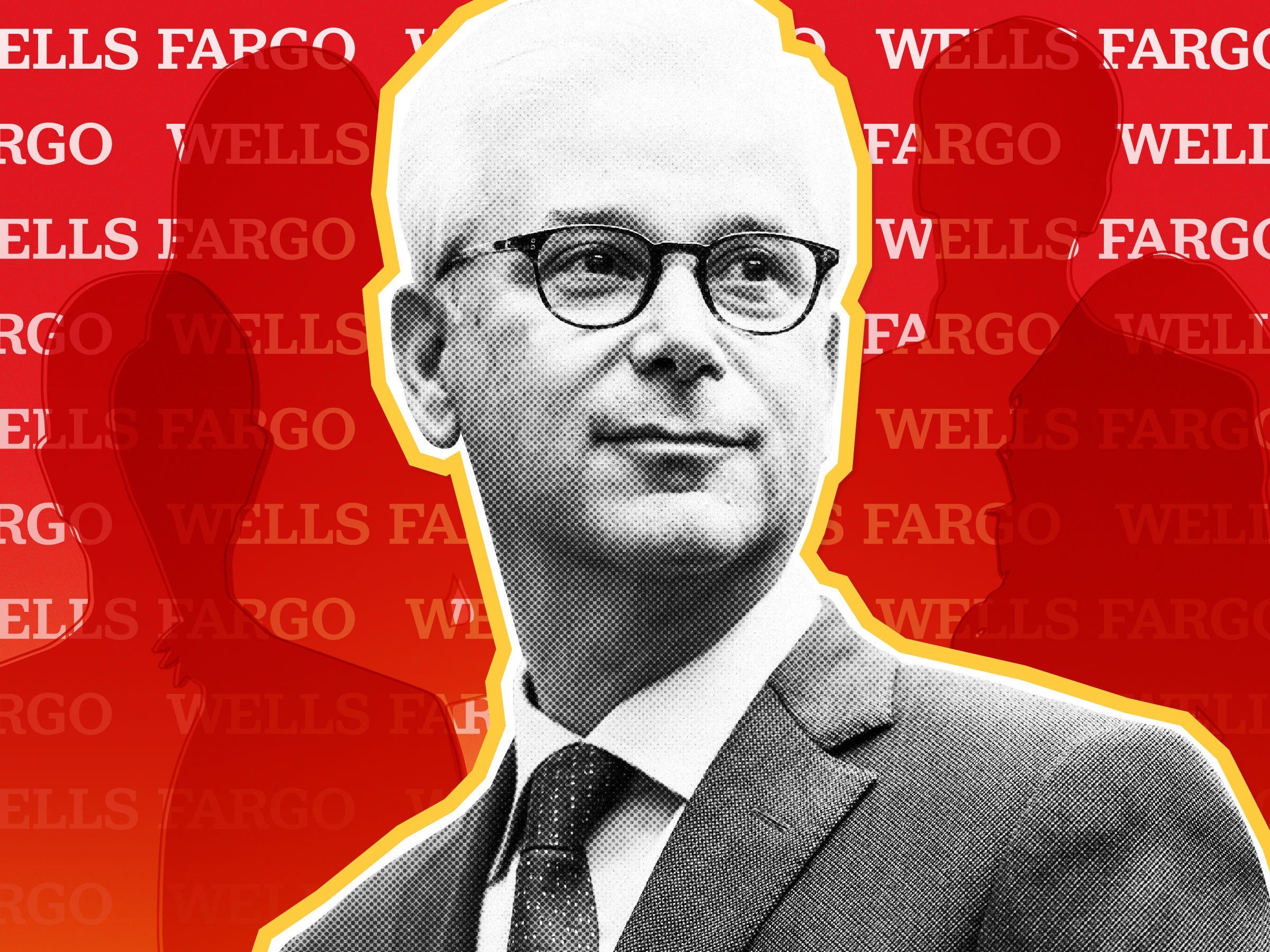 Wells Fargo CEO Charlie Scharf with anonymous silhouettes behind him on pattern of Wells Fargo logos on a red background.