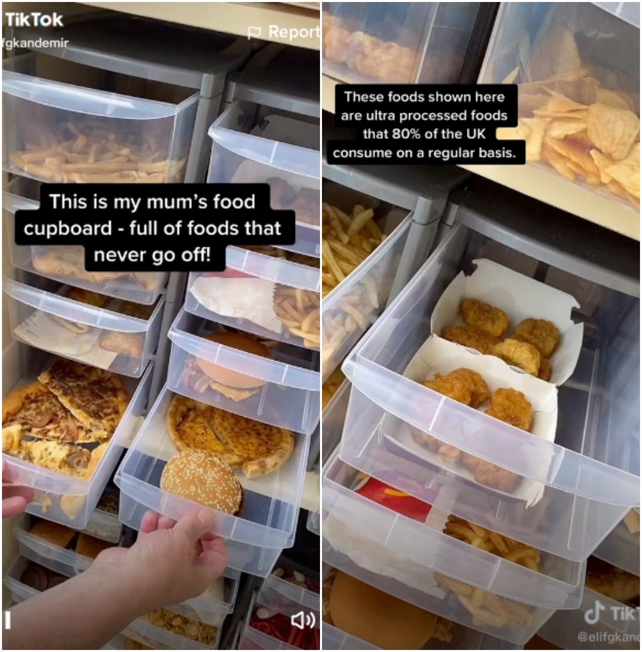A side by side showing the pantry full of two year old processed foods in a video that went viral on Tiktok.