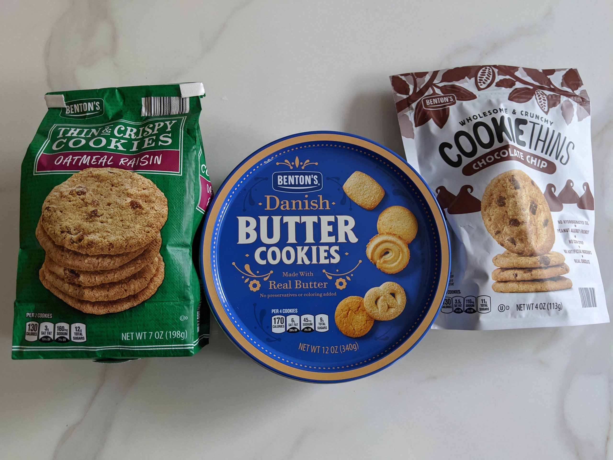 Aldi cookies laid out on a white countertop