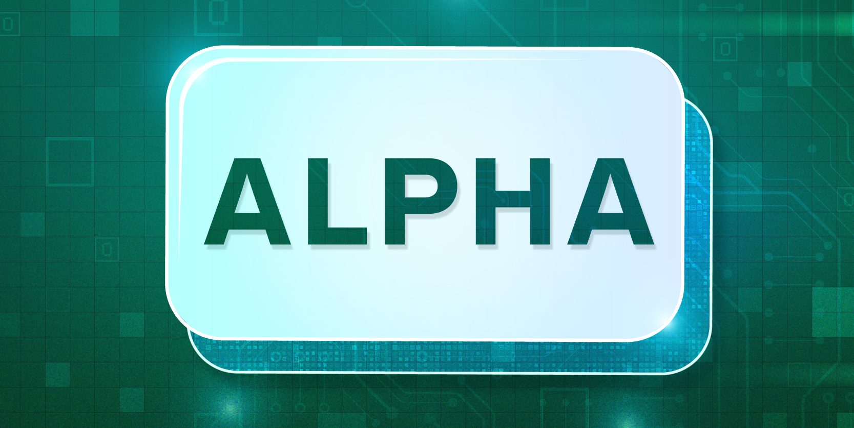 Alpha on a futuristic Button with circuit board texture background 2x1