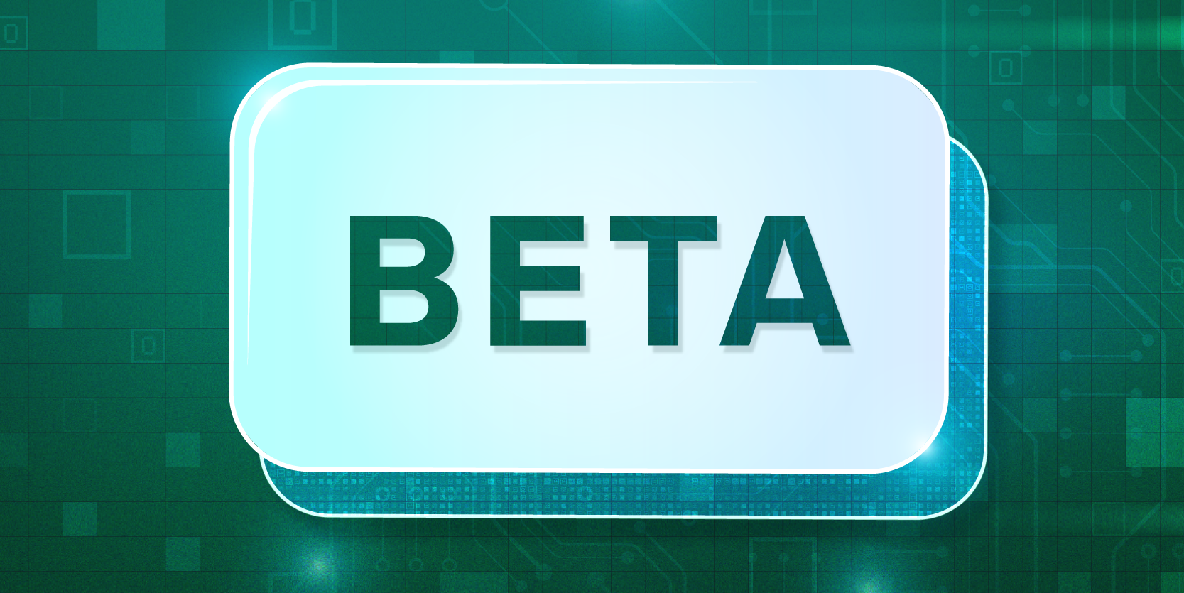 Beta on a futuristic Button with circuit board texture background 2x1