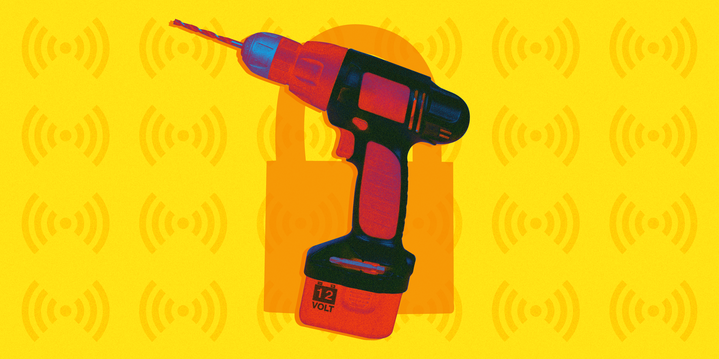 a power drill on top of a yellow background with a large padlock and alarm symbols