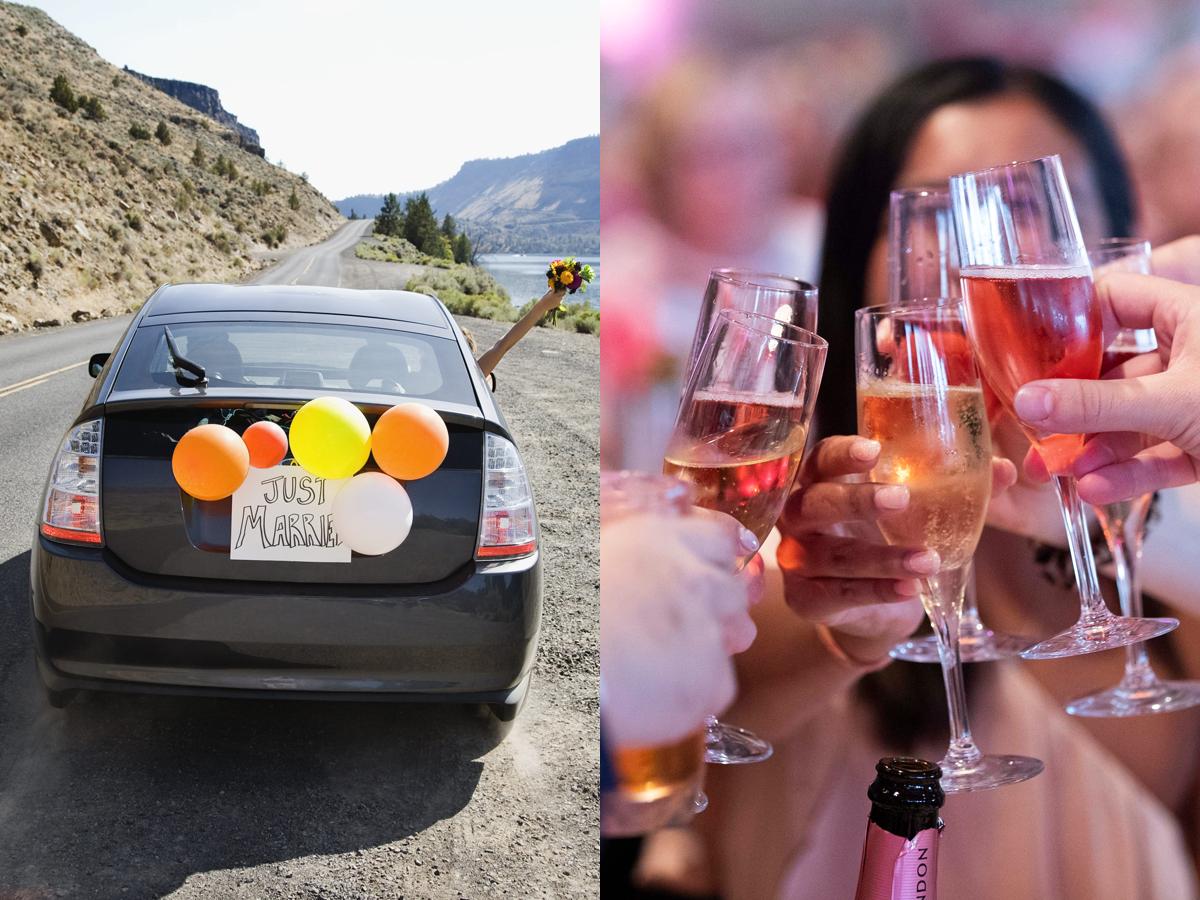 (left) wedding "just married" car (right) people toasting flutes of champagne