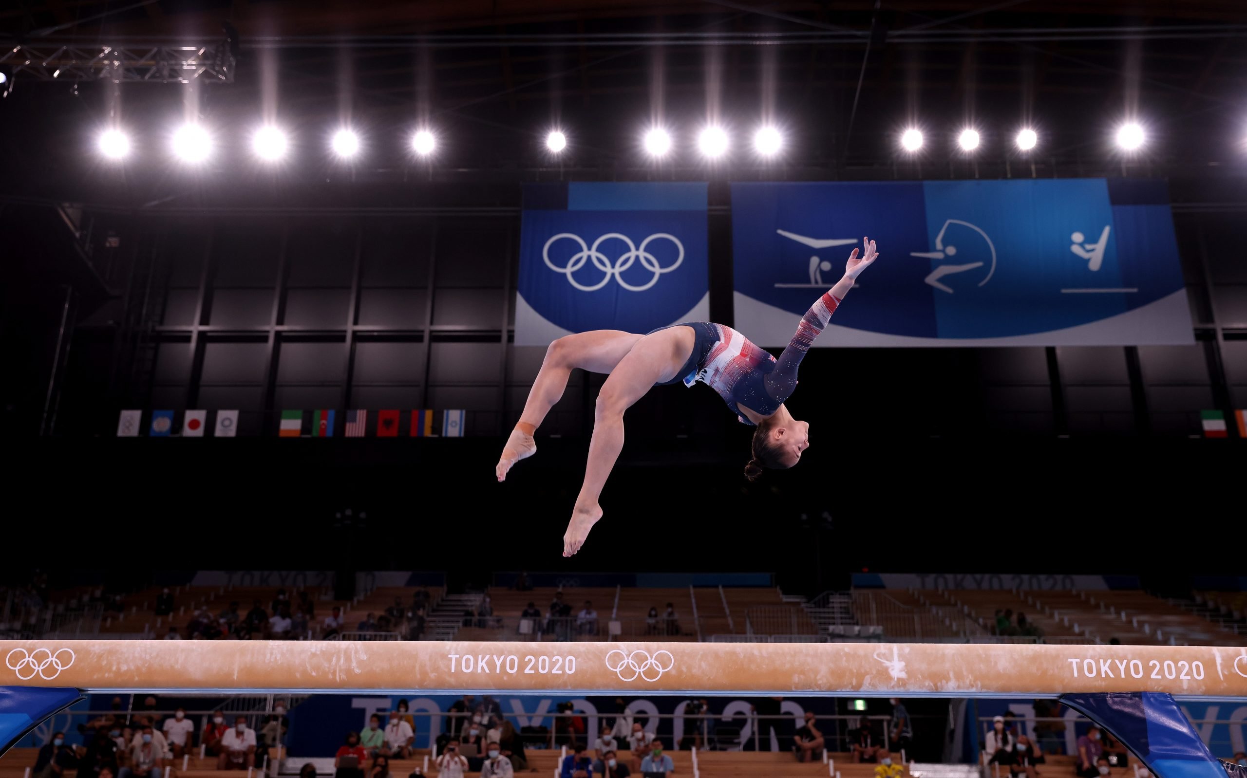 Sunisa Lee of Team United States competes on balance beam during the Women's All-Around Final at the Tokyo Olympics