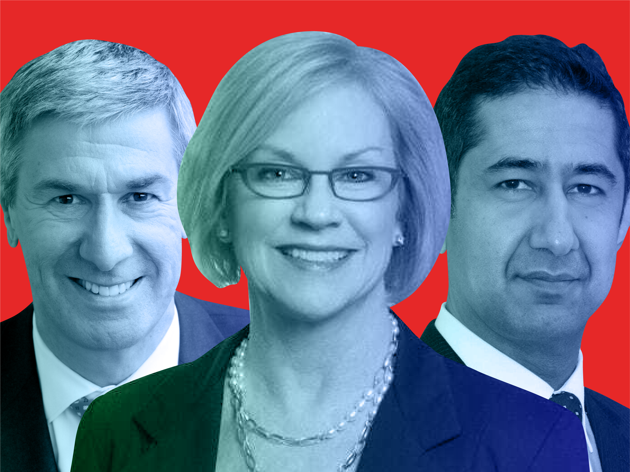 Bank of America power players Tony Kerrison, Cathy Bessant, and Sumeet Chabria cut out on a red background.