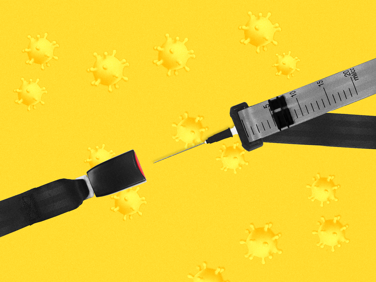 A seatbelt about to be buckled, where the end being inserted looks like a syringe, on top of a yellow background with coronaviruses