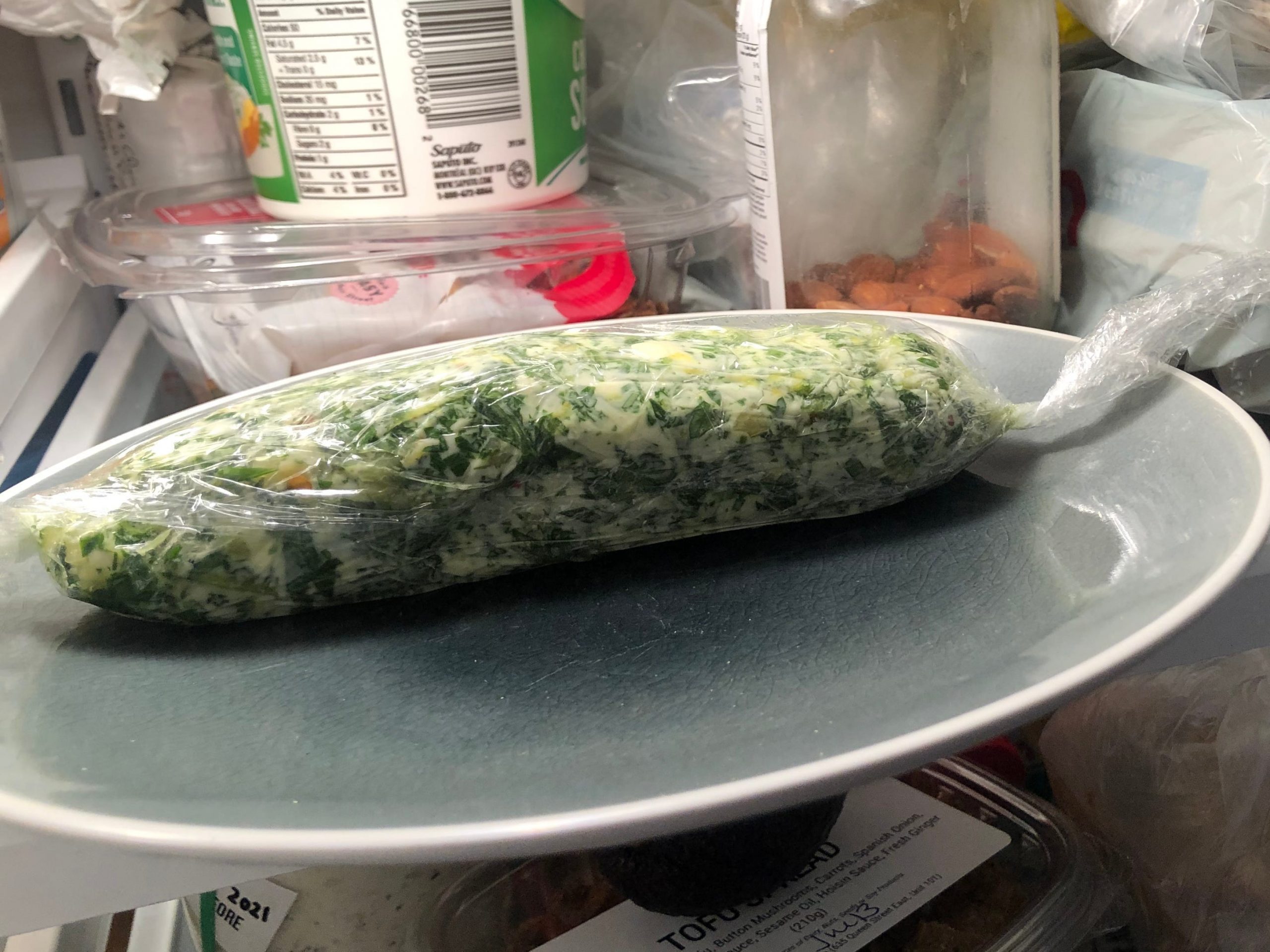 Butter and herb log in the fridge.