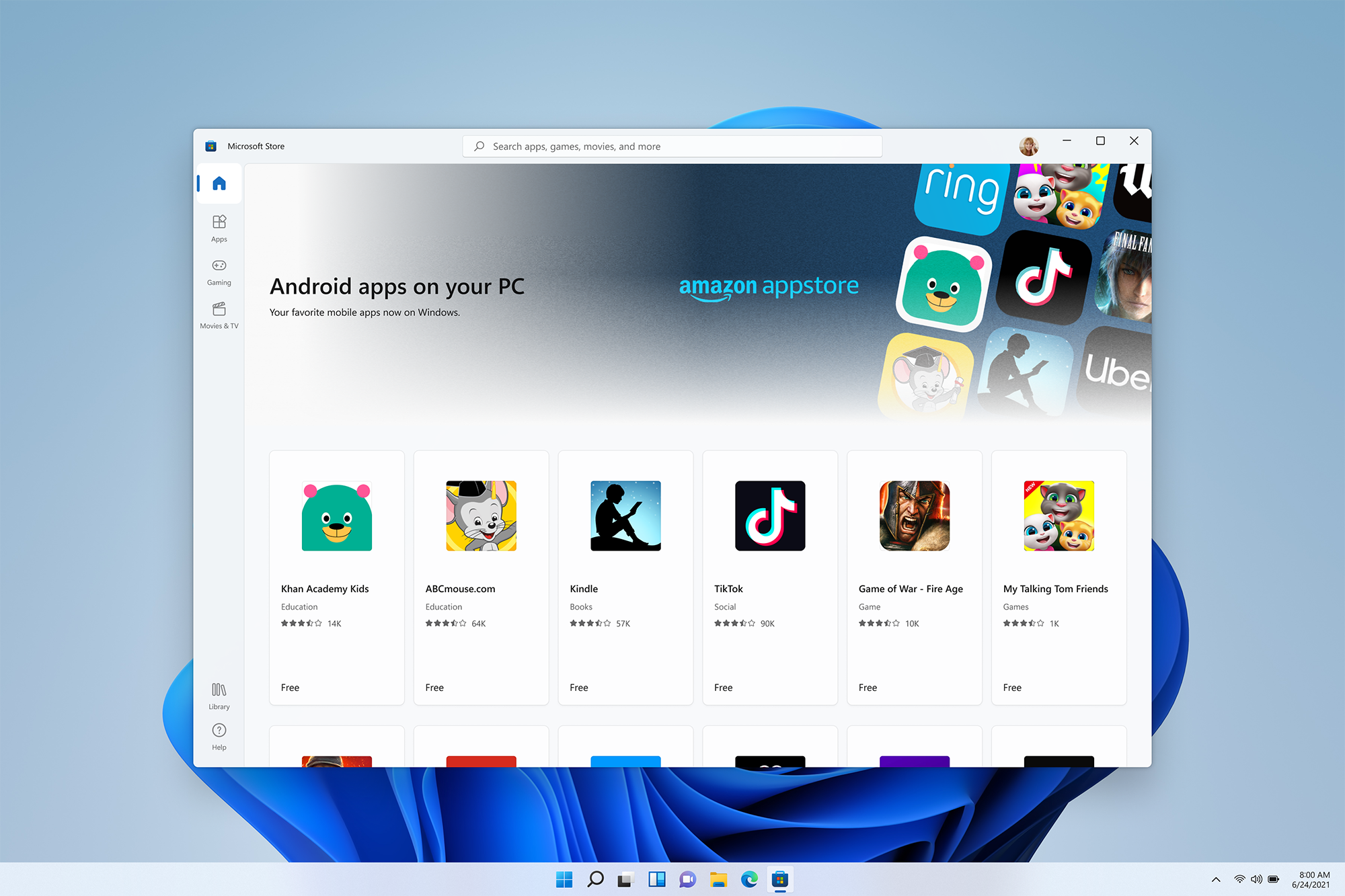 The Windows 11 app store, advertising Android apps.