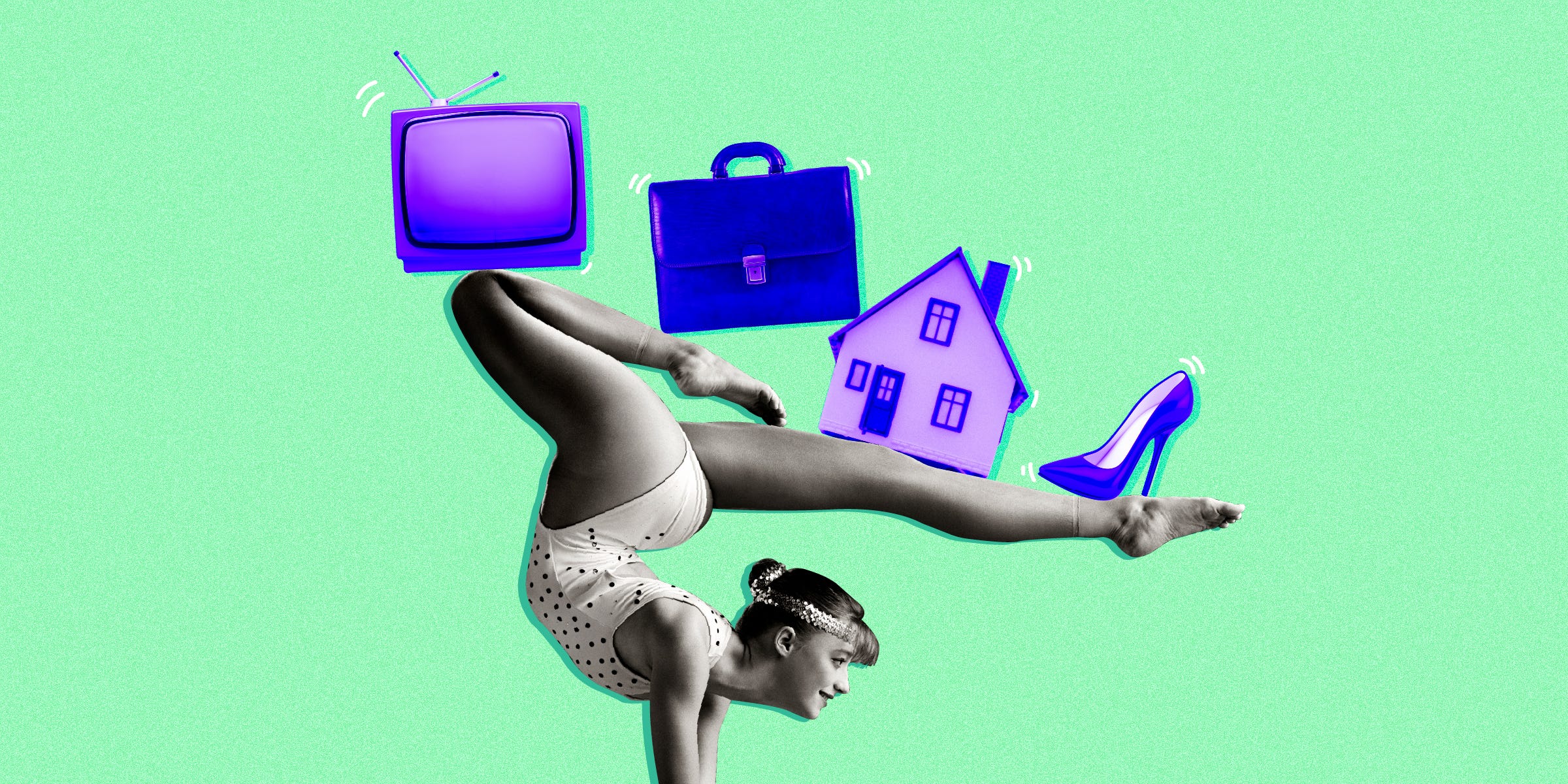 acrobat balancing a TV, briefcase, miniature house and high heel on her legs