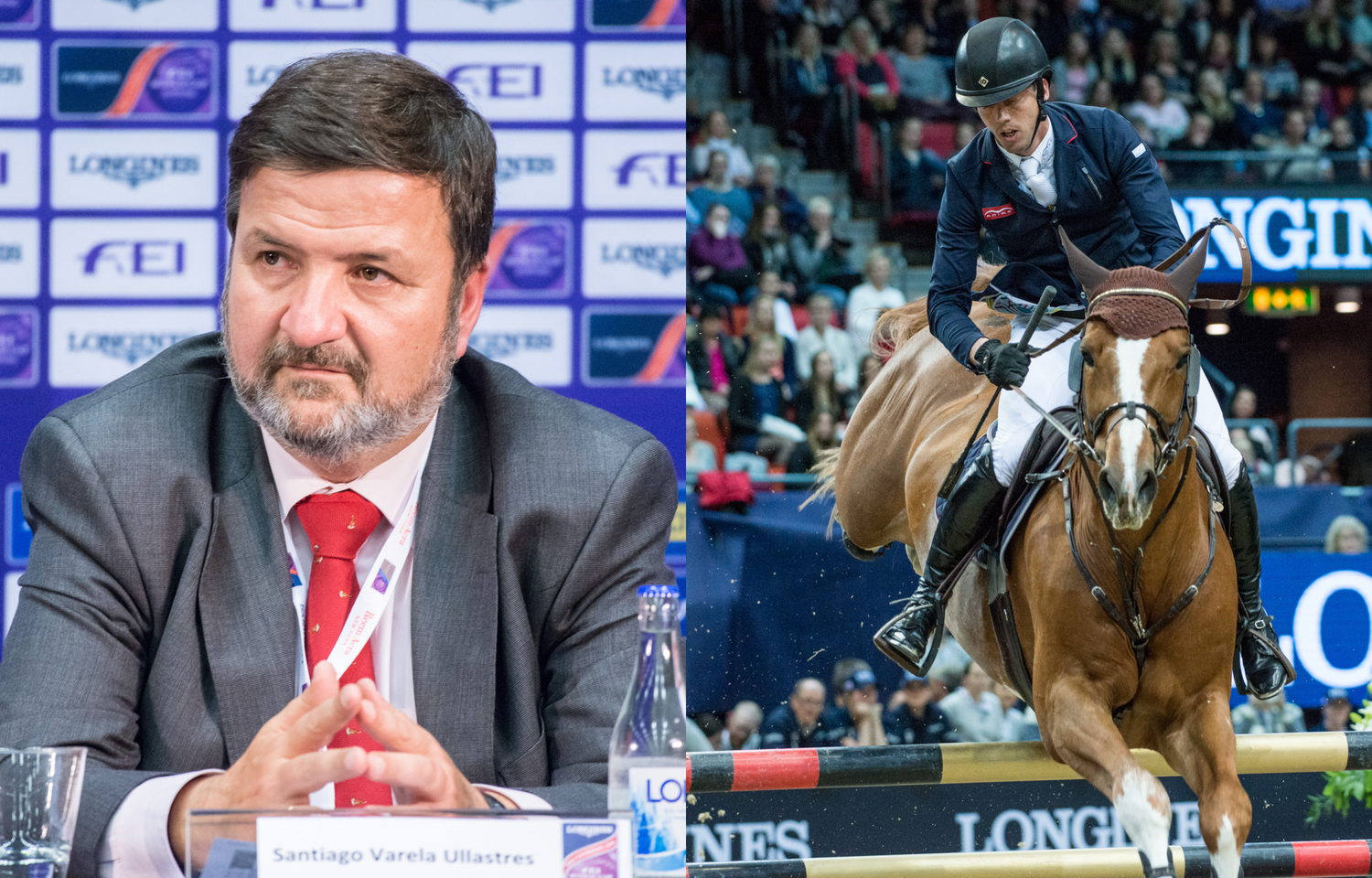 Left: Santiago Varela, showjumping course designer. Right: competitor at horse jumping show jumping over a high fence.