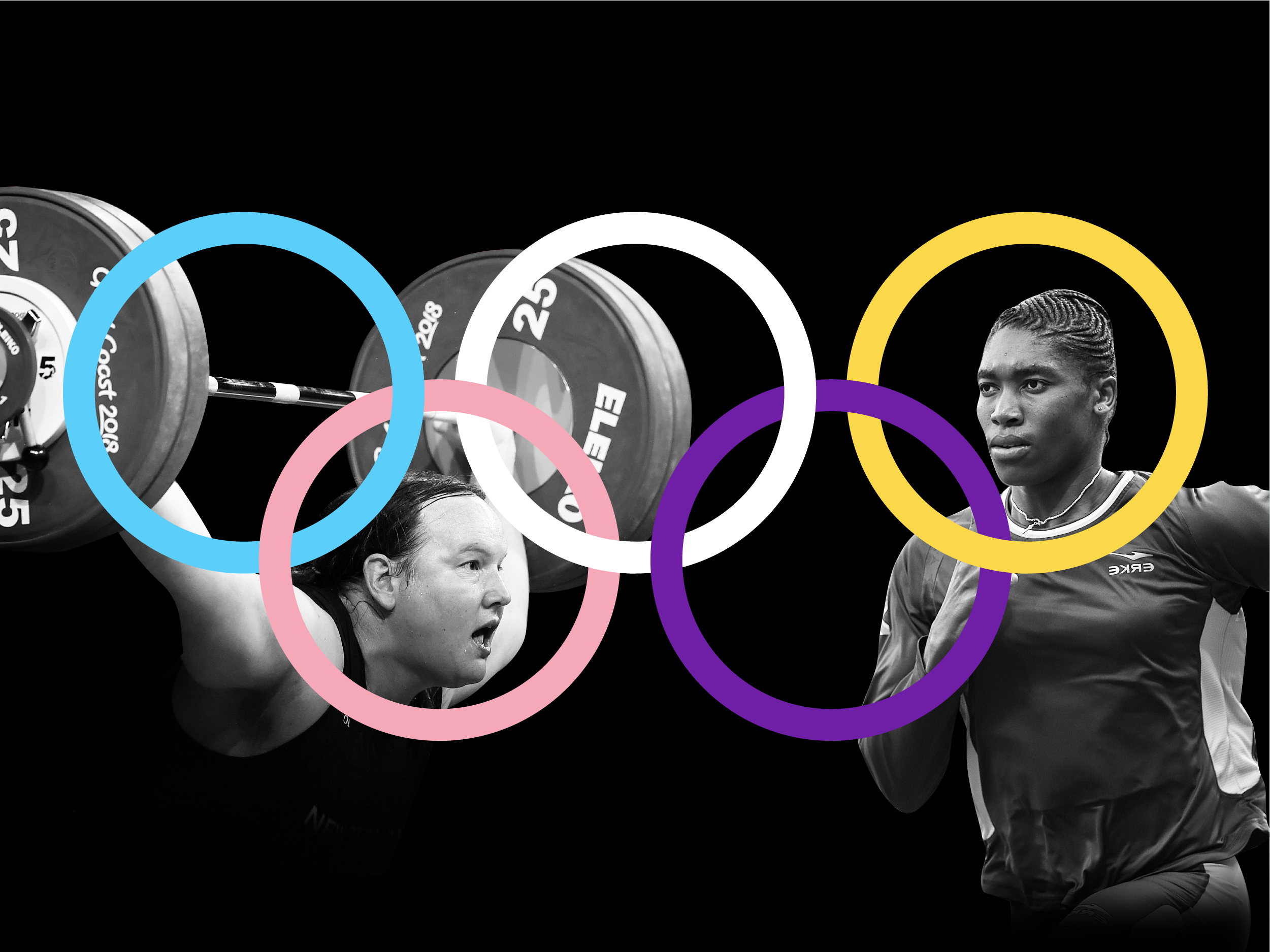 The Olympic rings logo with the Transgender and Intersex flag colors on top of the first openly trans woman to compete in the Olympics, Laurel Hubbard, and Olympian and middle-distance runner Caster Semenya on a black background.