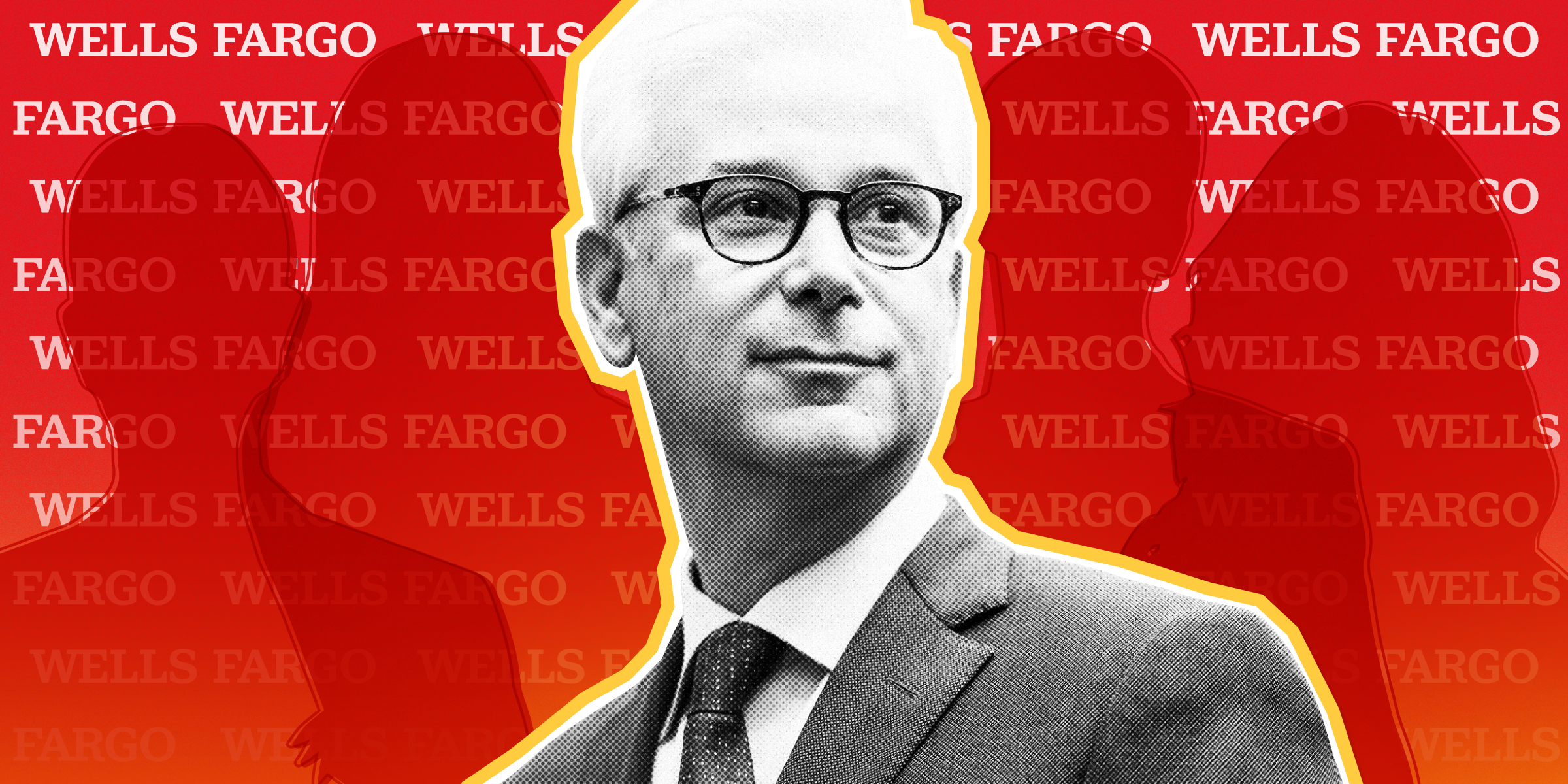 Wells Fargo CEO Charlie Scharf with anonymous silhouettes behind him on pattern of Wells Fargo logos on a red background.