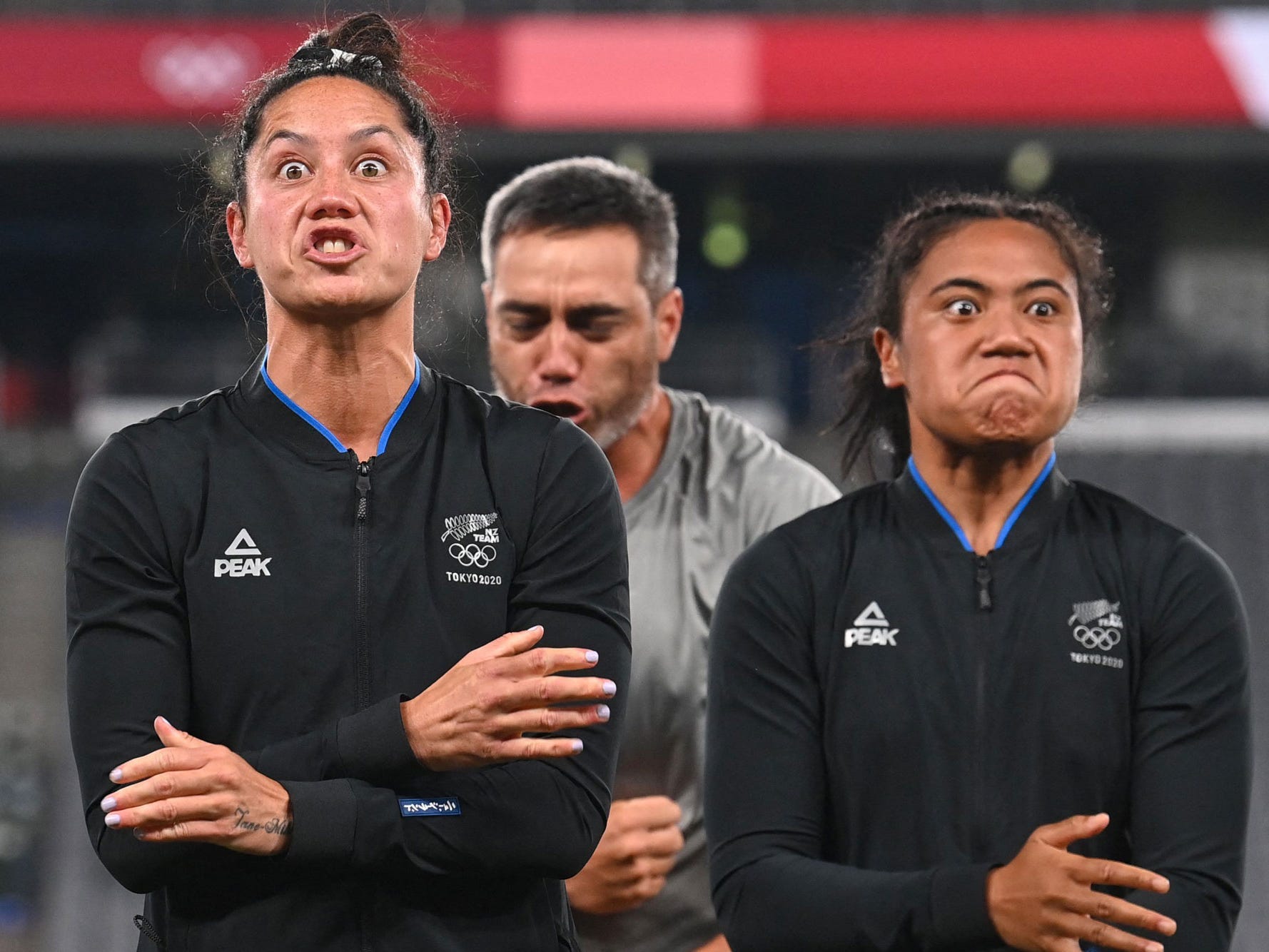 New Zealand's women's rugby team celebrates with haka at Tokyo 2020.