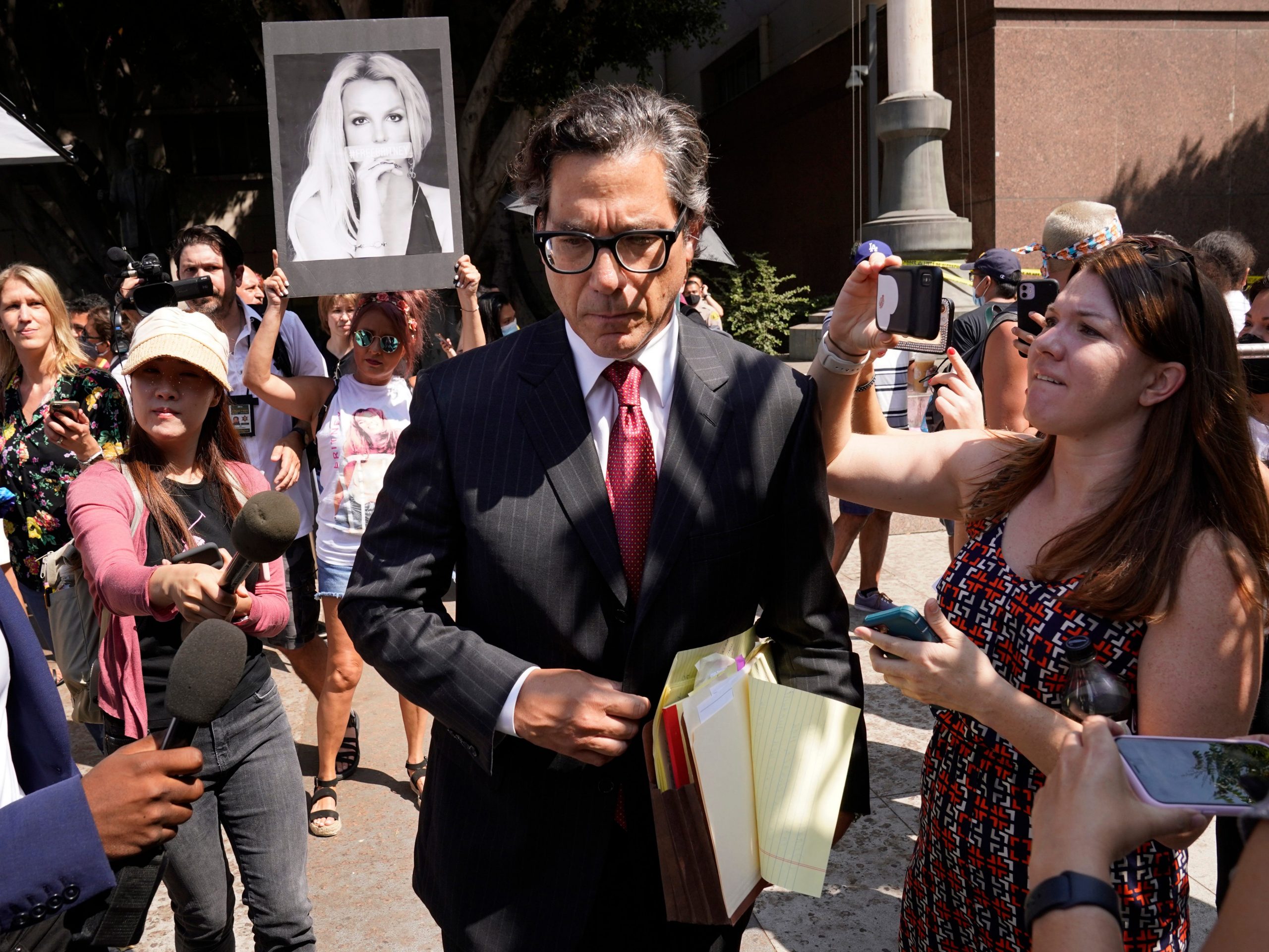 Britney Spears' newly appointed lawyer Mathew Rosengart leaves the Stanley Mosk Courthouse following a hearing concerning the pop singer's conservatorship, Wednesday, July 14, 2021, in Los Angeles.