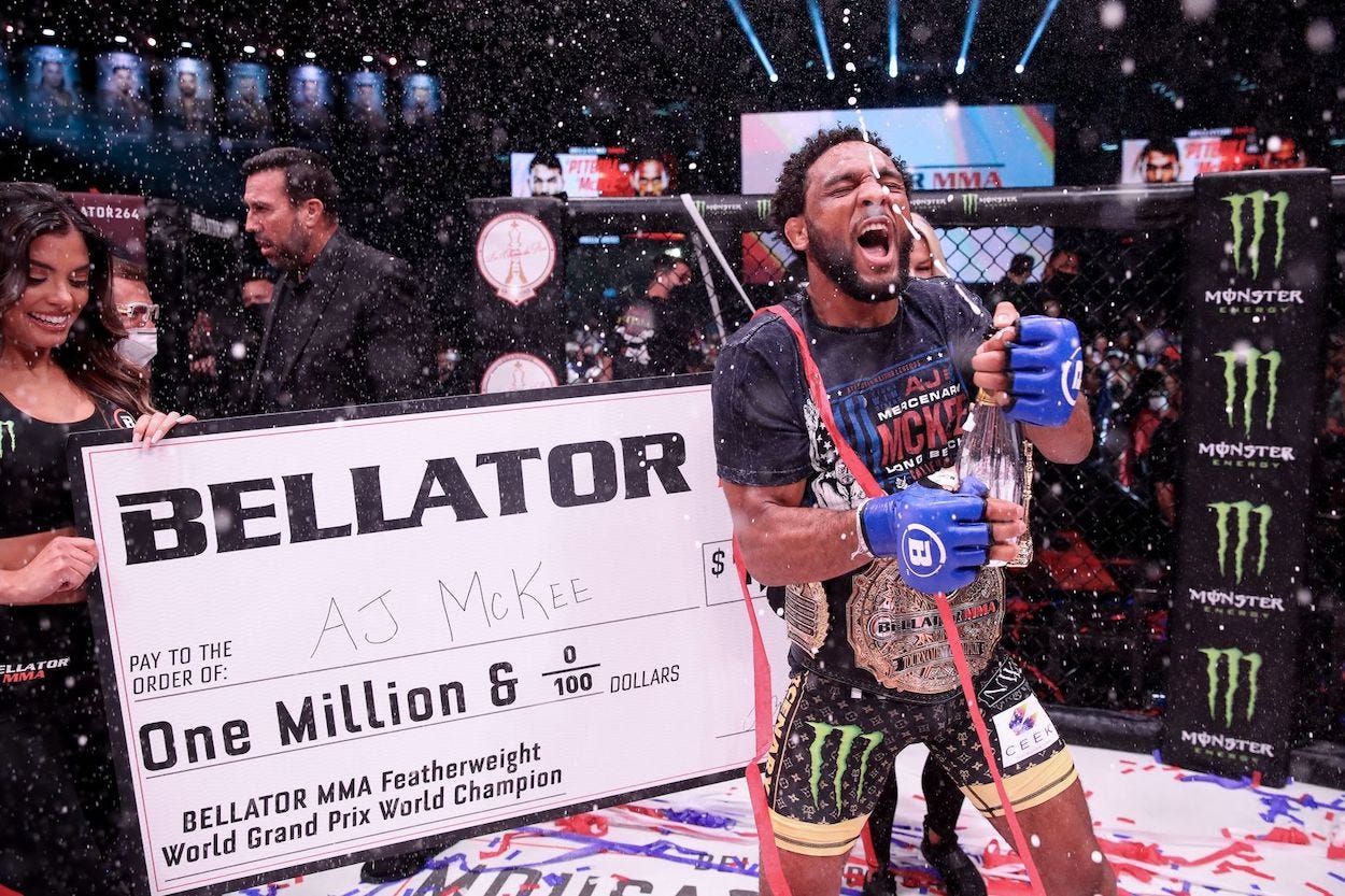 A.J. McKee celebrates his first-round win over Patricio Freire at Bellator 263 in Los Angeles.