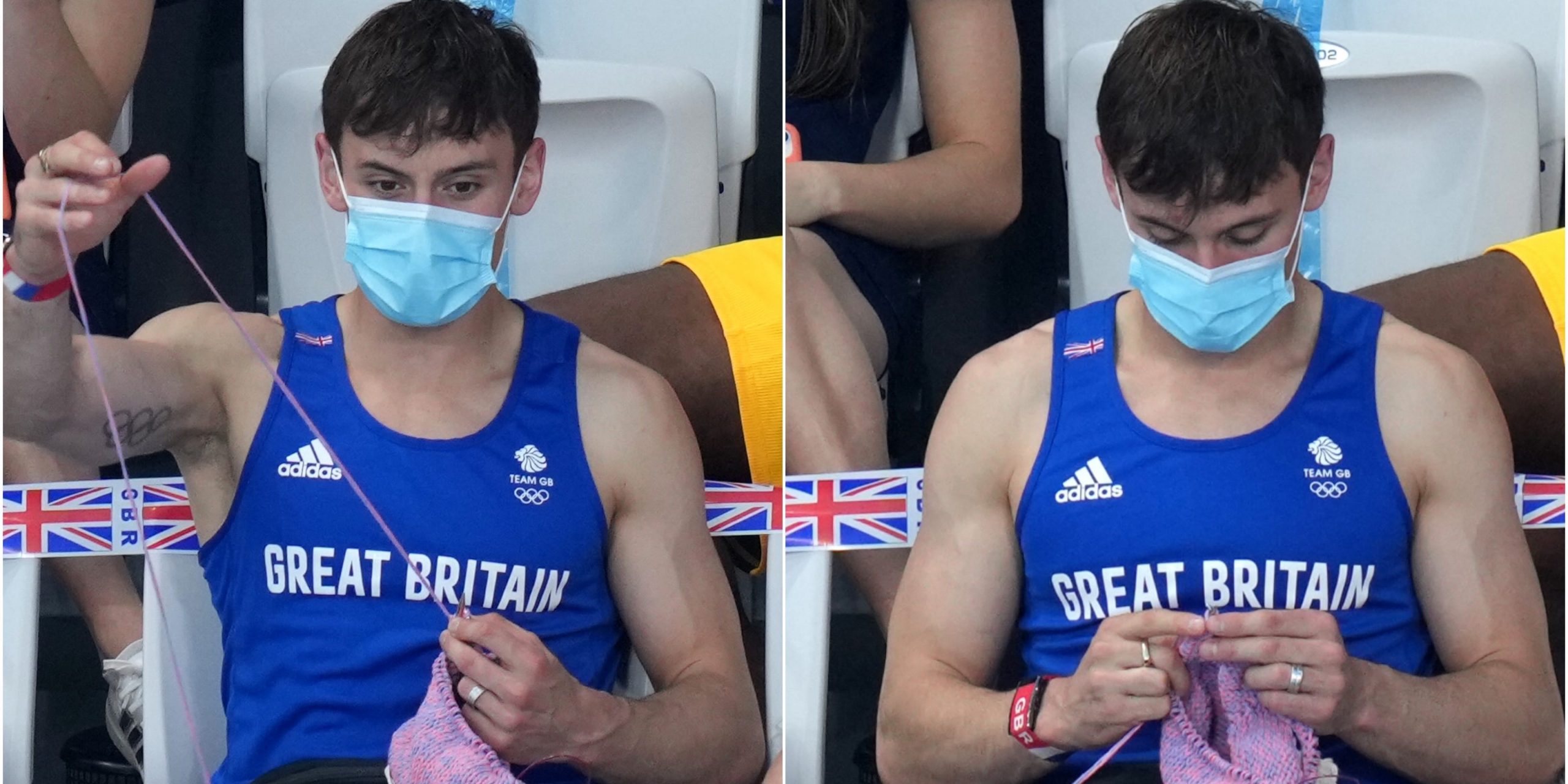 Wide preview of Tom Daley knitting during the women's springboard finals at the Tokyo Olympics.