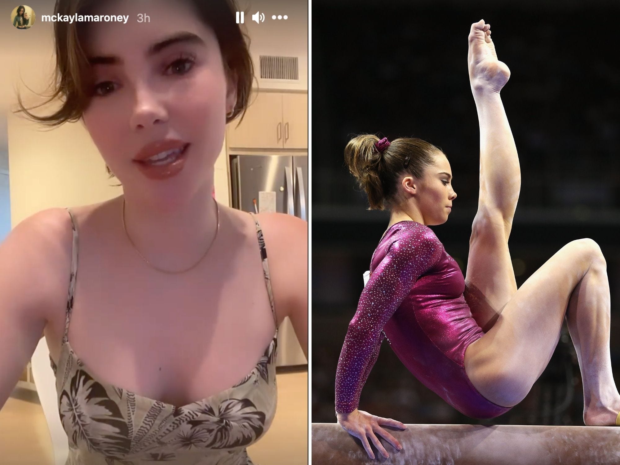 McKayla Maroney in a screenshot of her Instagram story (left). Maroney in 2012 (right) at the US Team Olympic trials.