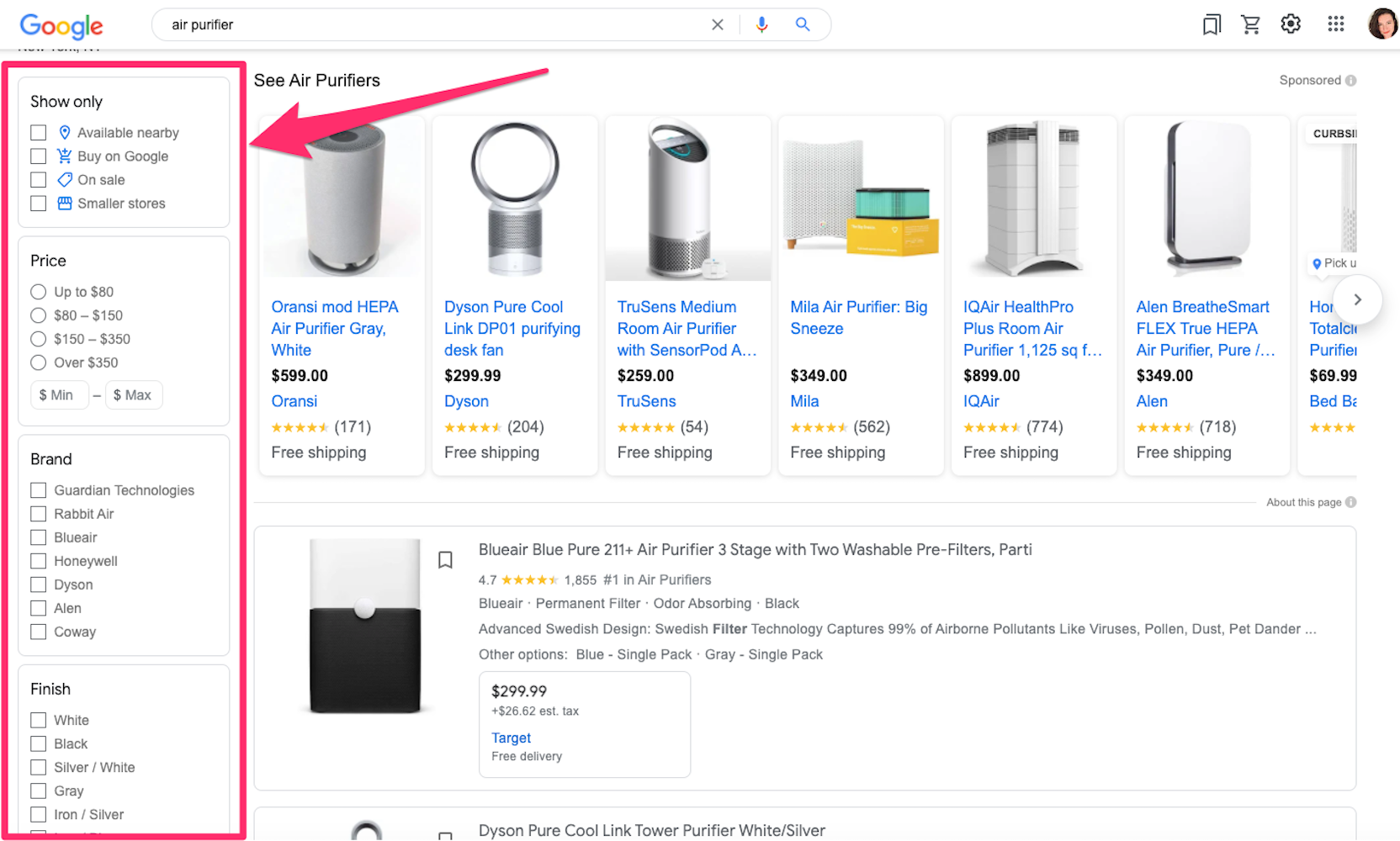 Screenshot of Google Shopping results page