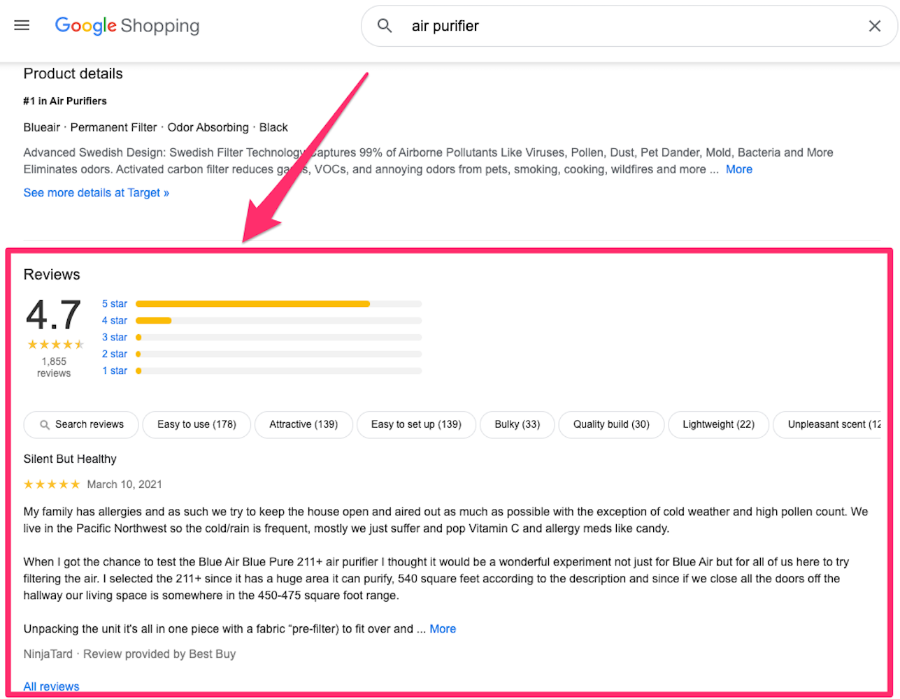 Screenshot of Google Shopping Reviews section
