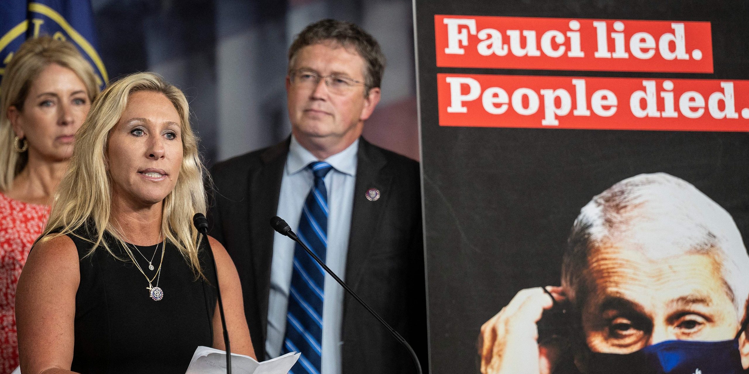 Rep. Marjorie Taylor Greene (R-GA) holds a press conference to call for the dismissal of Dr. Anthony Fauci on Capitol Hill in Washington, DC, on June 15, 2021.