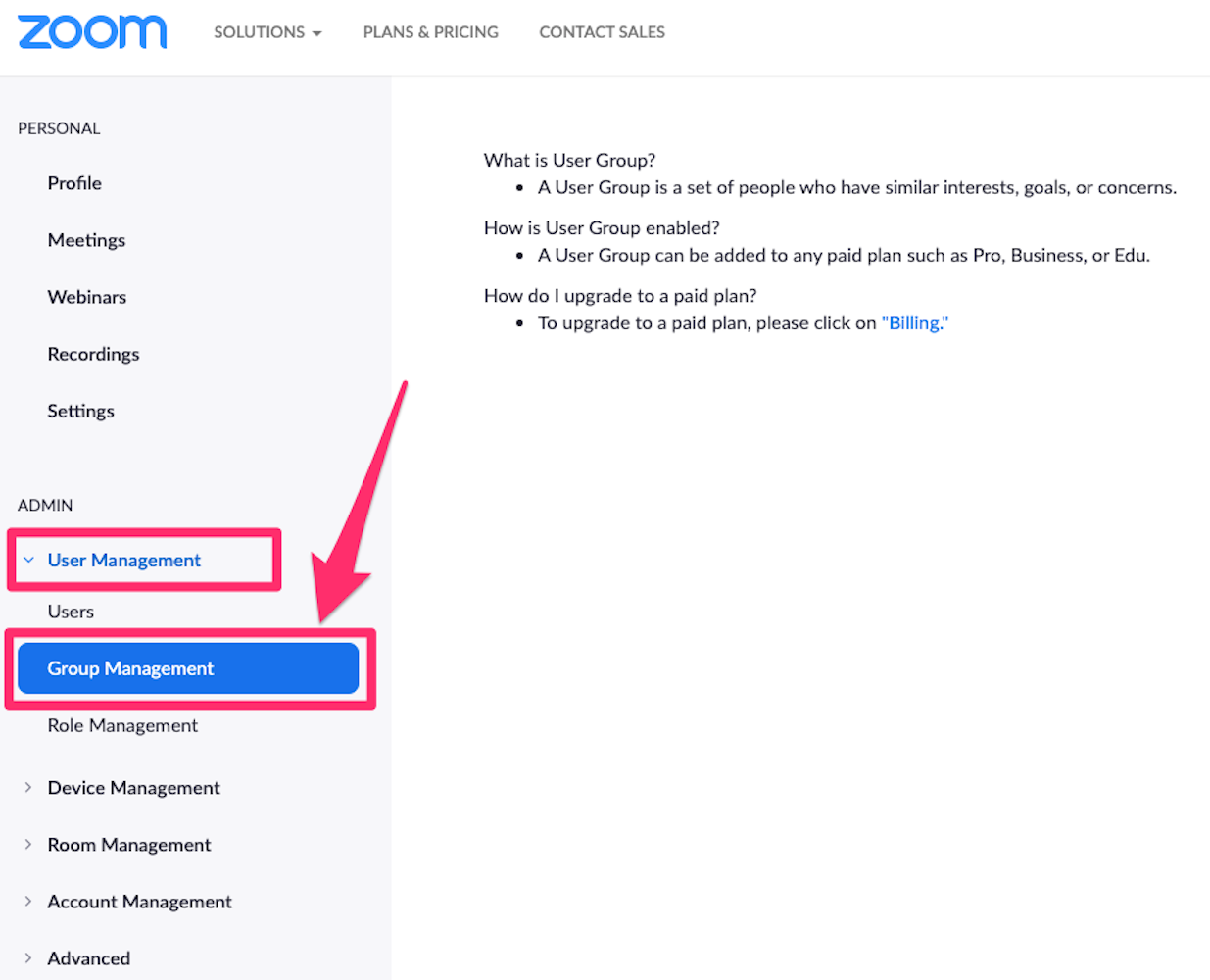 Screenshot of Zoom website "Group Management" button