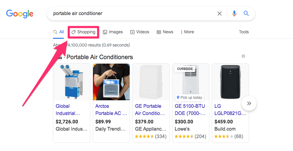 google shopping search page tab