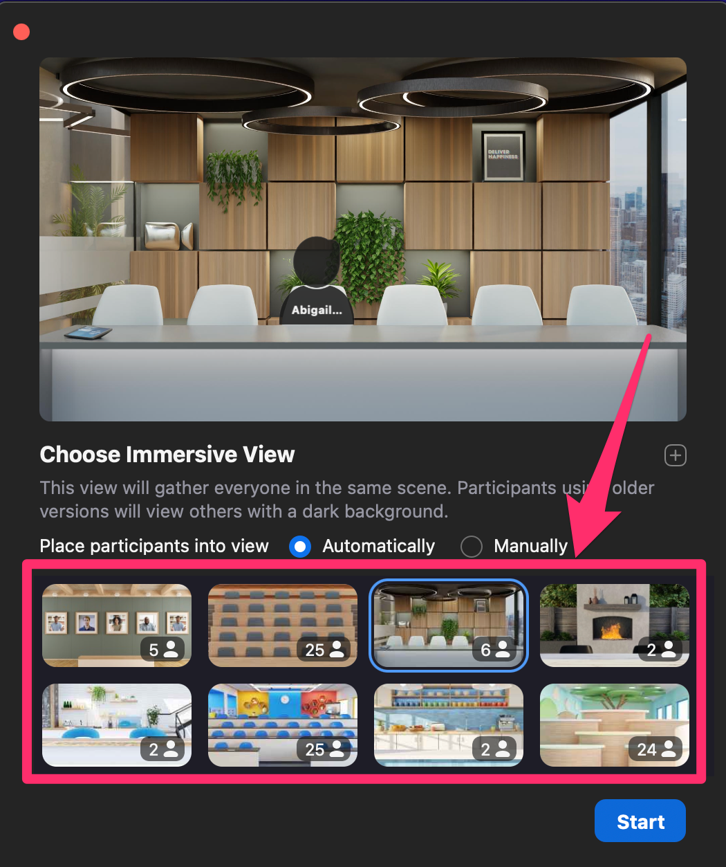 Screenshot of view selection in Zoom Immersive View