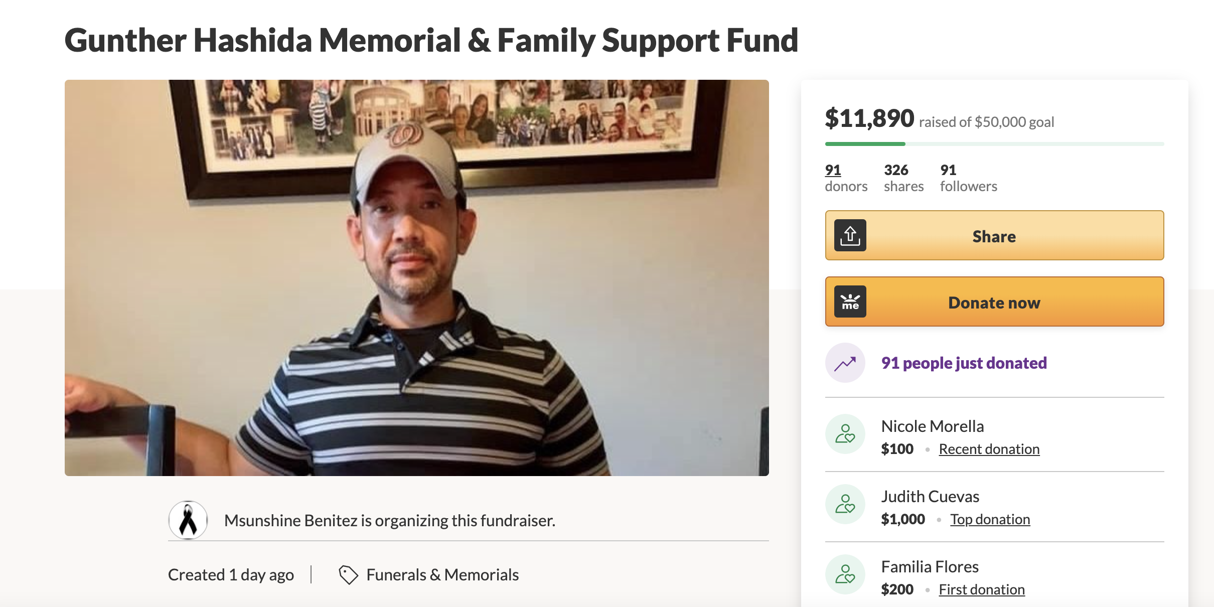 A screenshot of the GoFundMe page for DC Police Officer Gunther Hashida, who died by suicide
