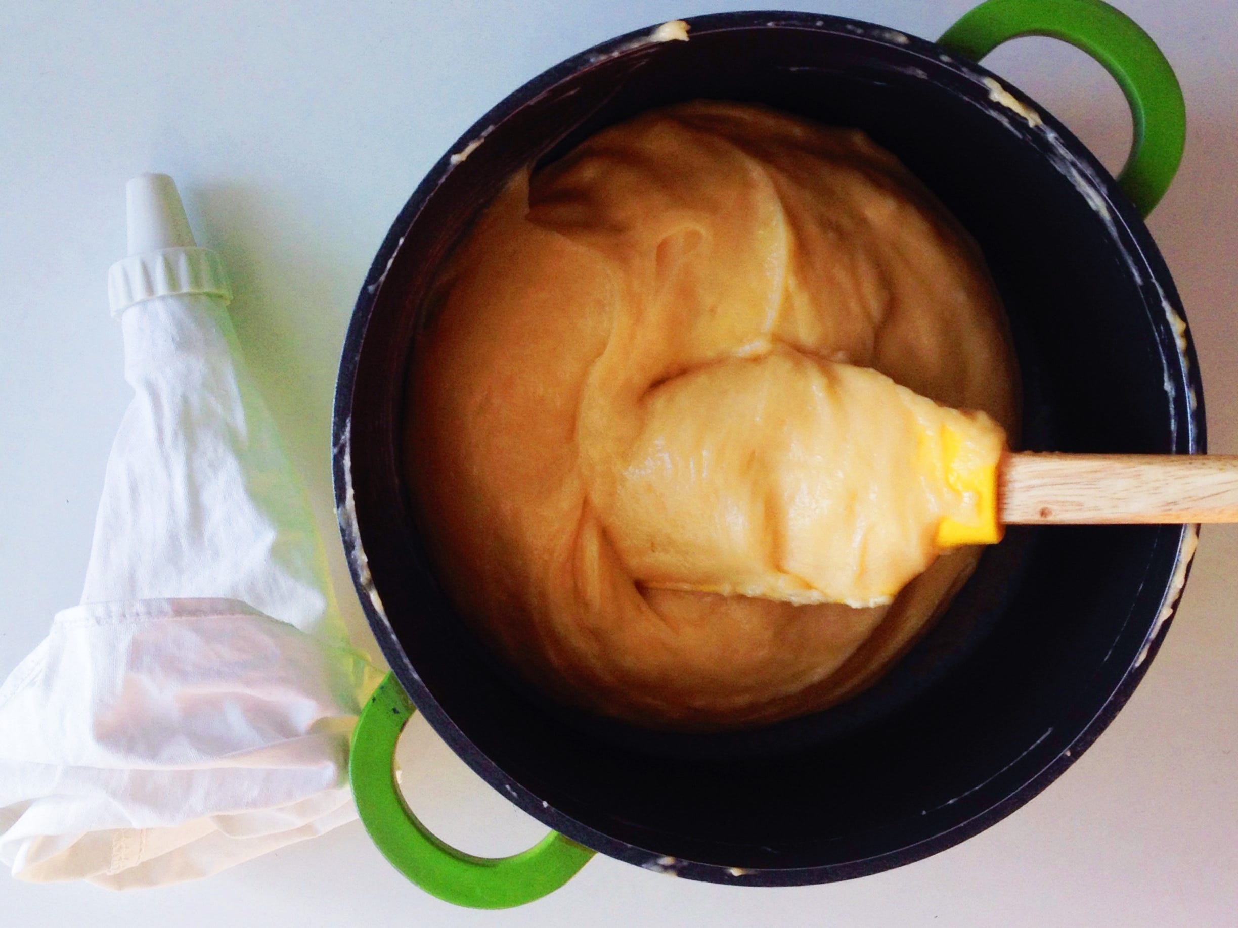 Choux pastry dough in a mixing bowl.