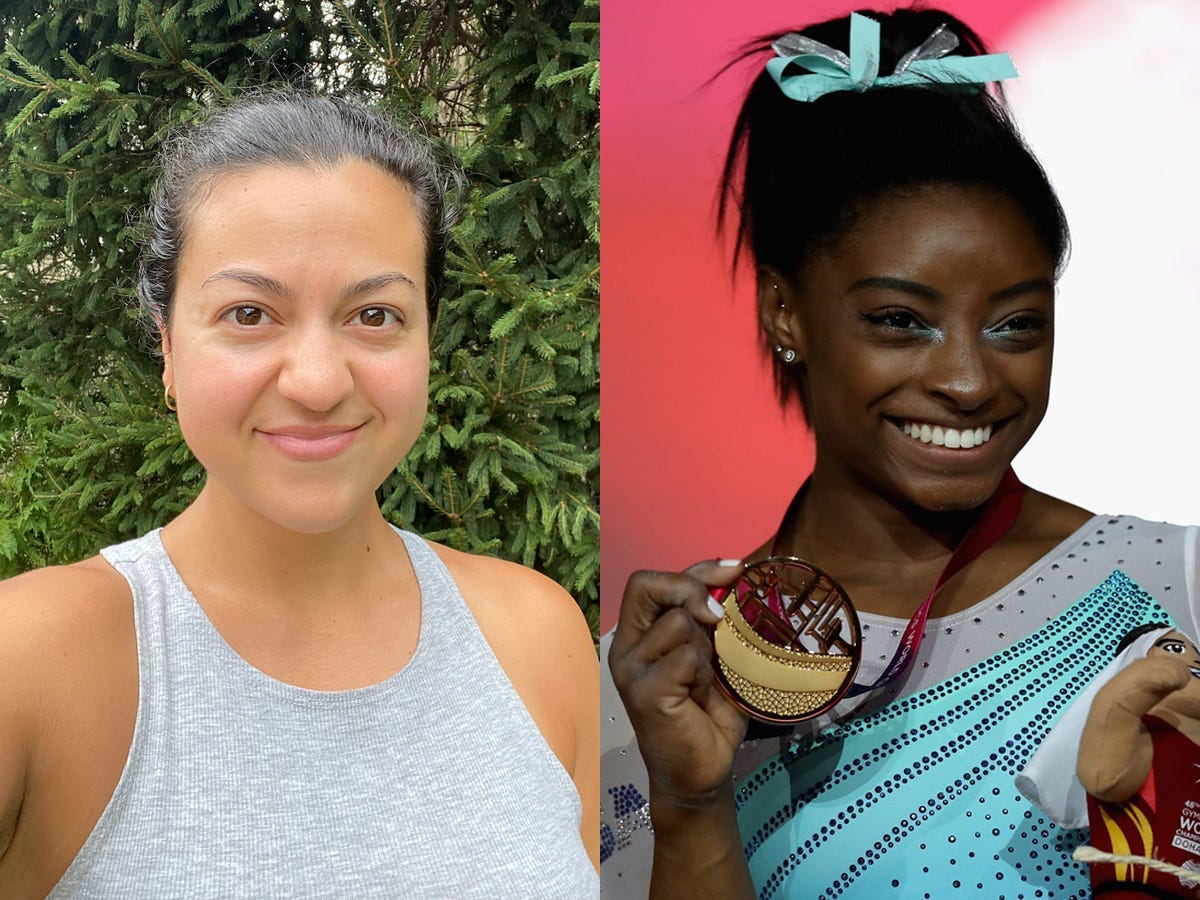 The writer on the left and Simone Biles holding a gold medal on the right.