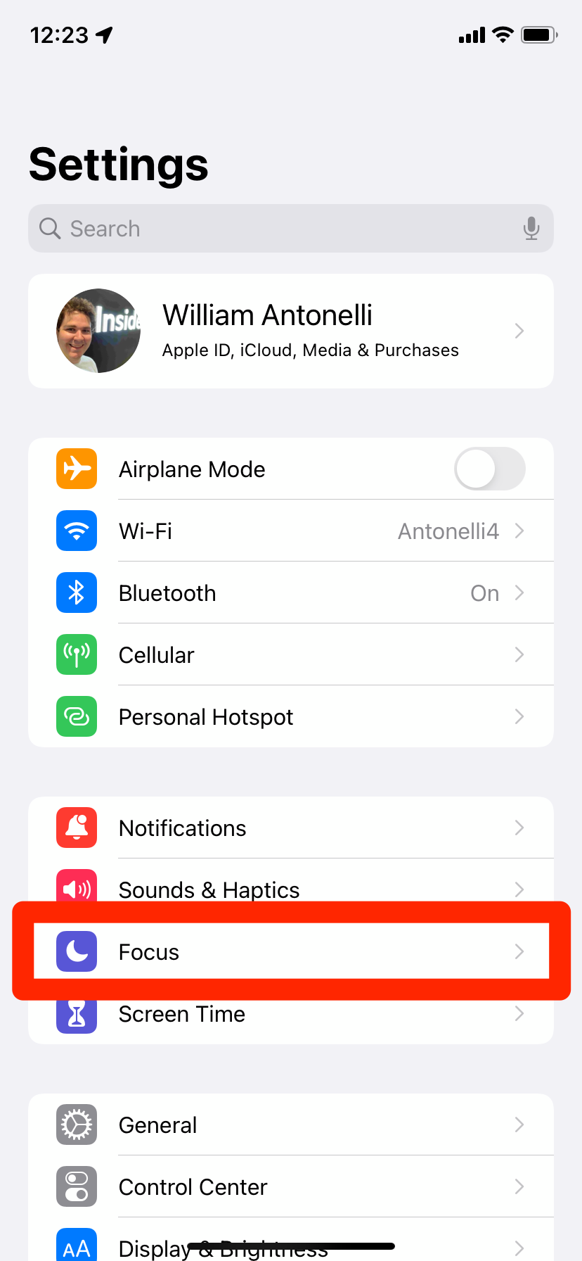 The iPhone Settings menu, with the Focus option highlighted.