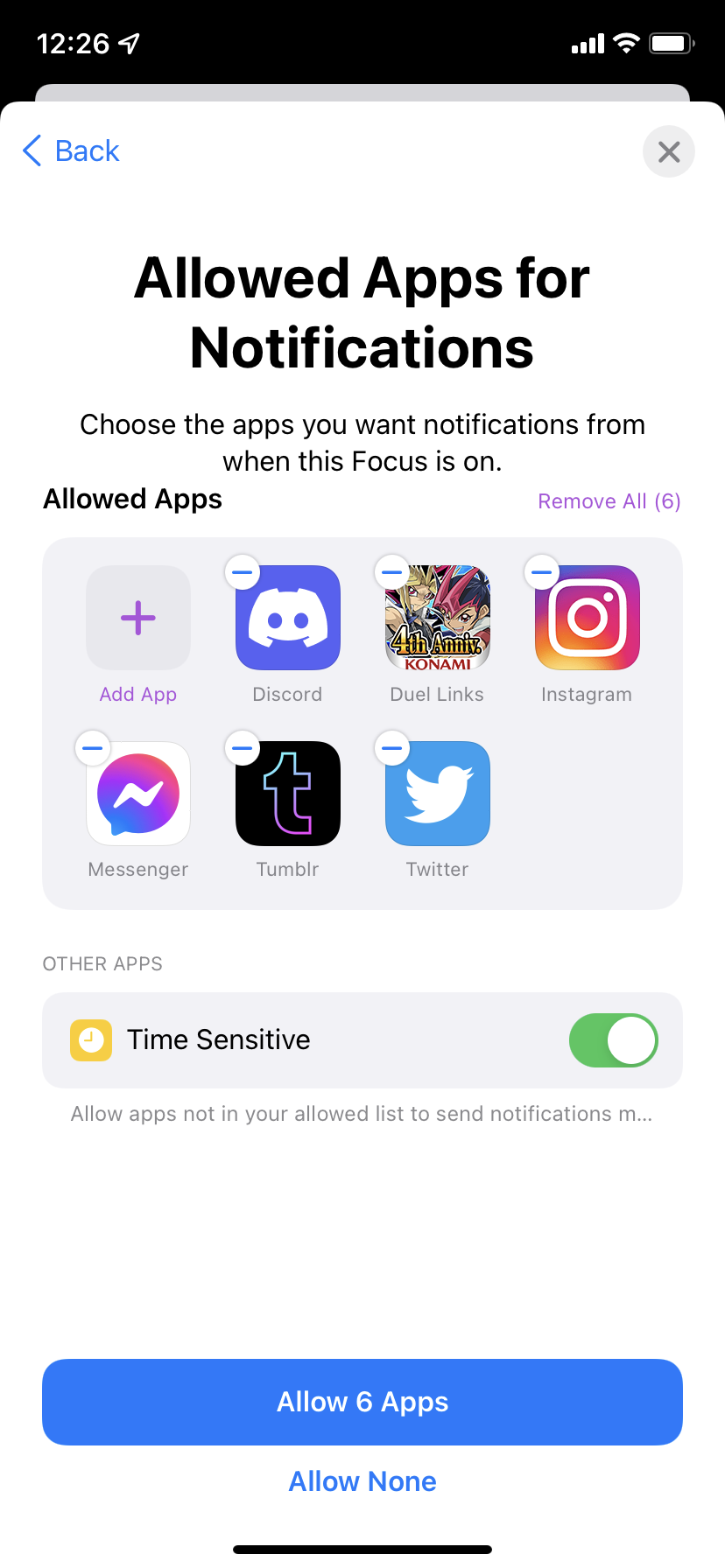 A page titled Allowed Apps for Notifications, which lets the user specify which apps can send them notifications while in Focus mode.