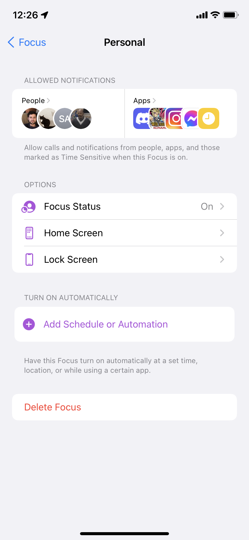 A Focus settings screen that lets you "Delete Focus" or change which apps and contacts are allowed.