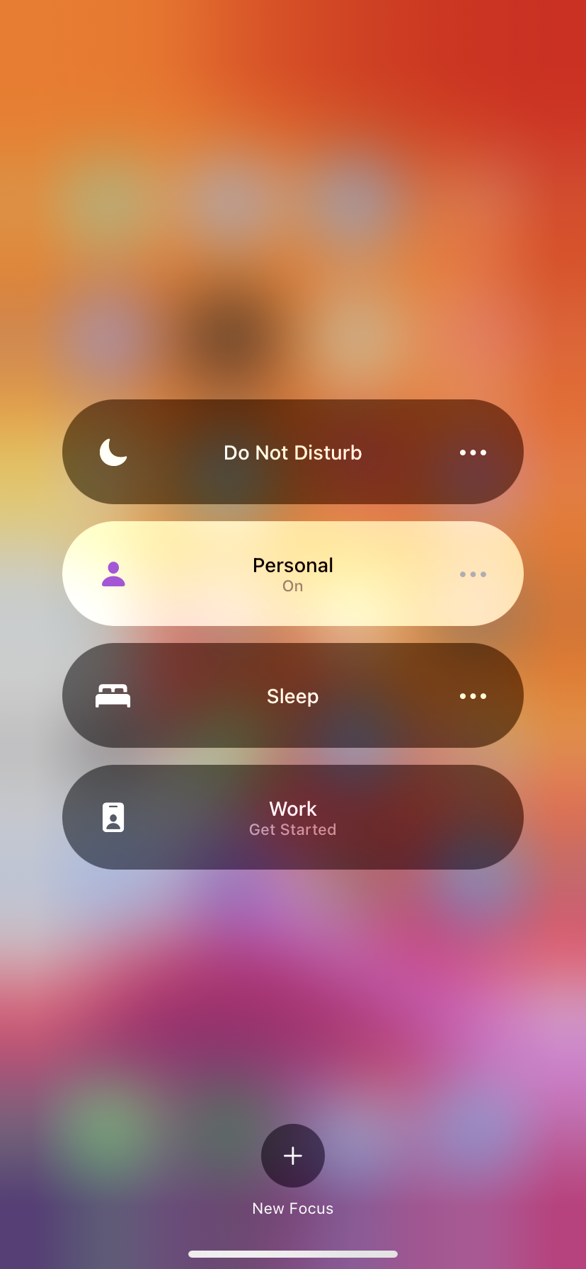 An iPhone screenshot showing four ovals, labeled Do Not Disturb, Personal, Sleep, and Work. Personal is highlighted.