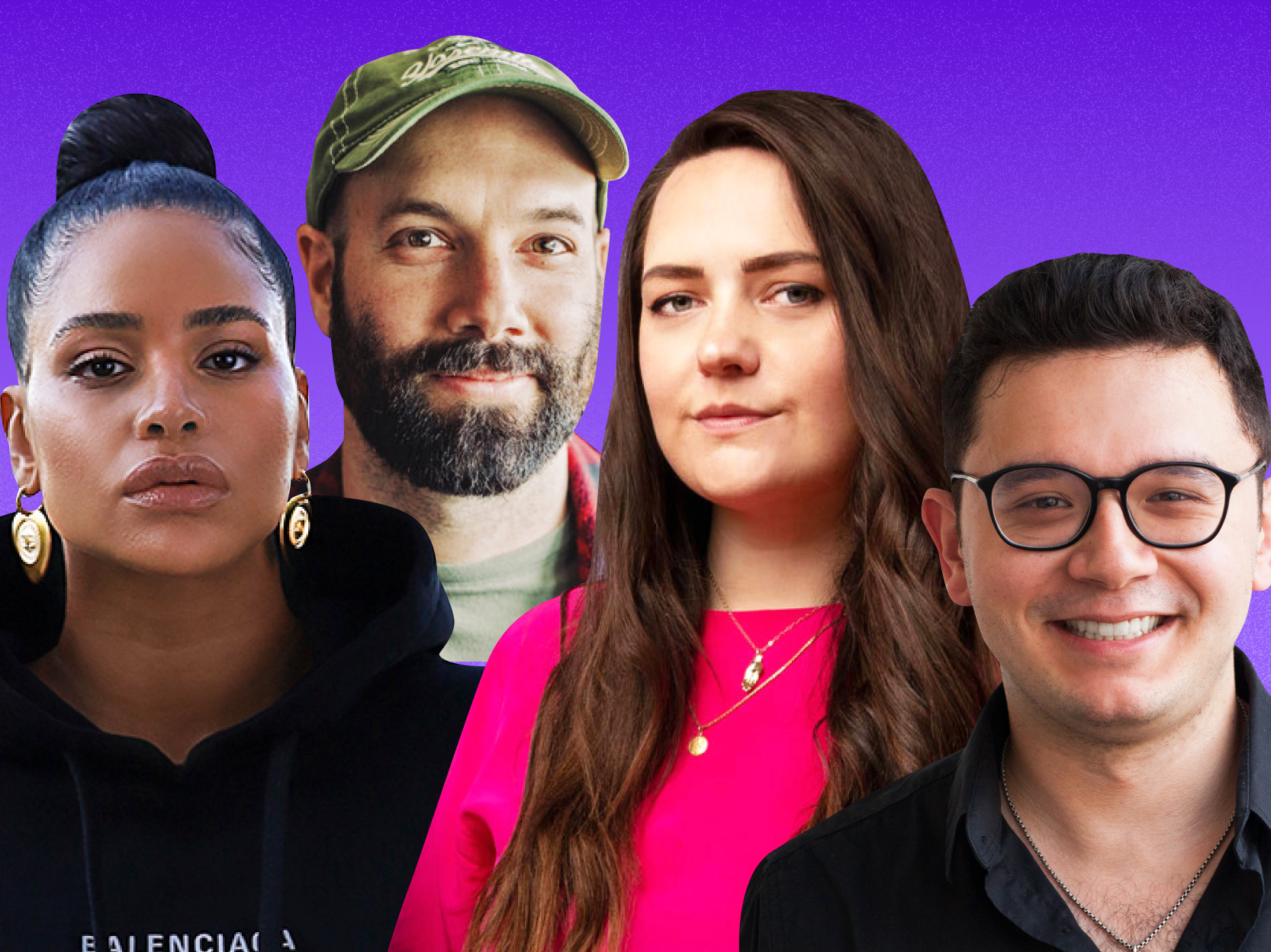 Courtne Smith, Jack Conte, Liz Giorgi, and Alex Mitchell on a purple background.