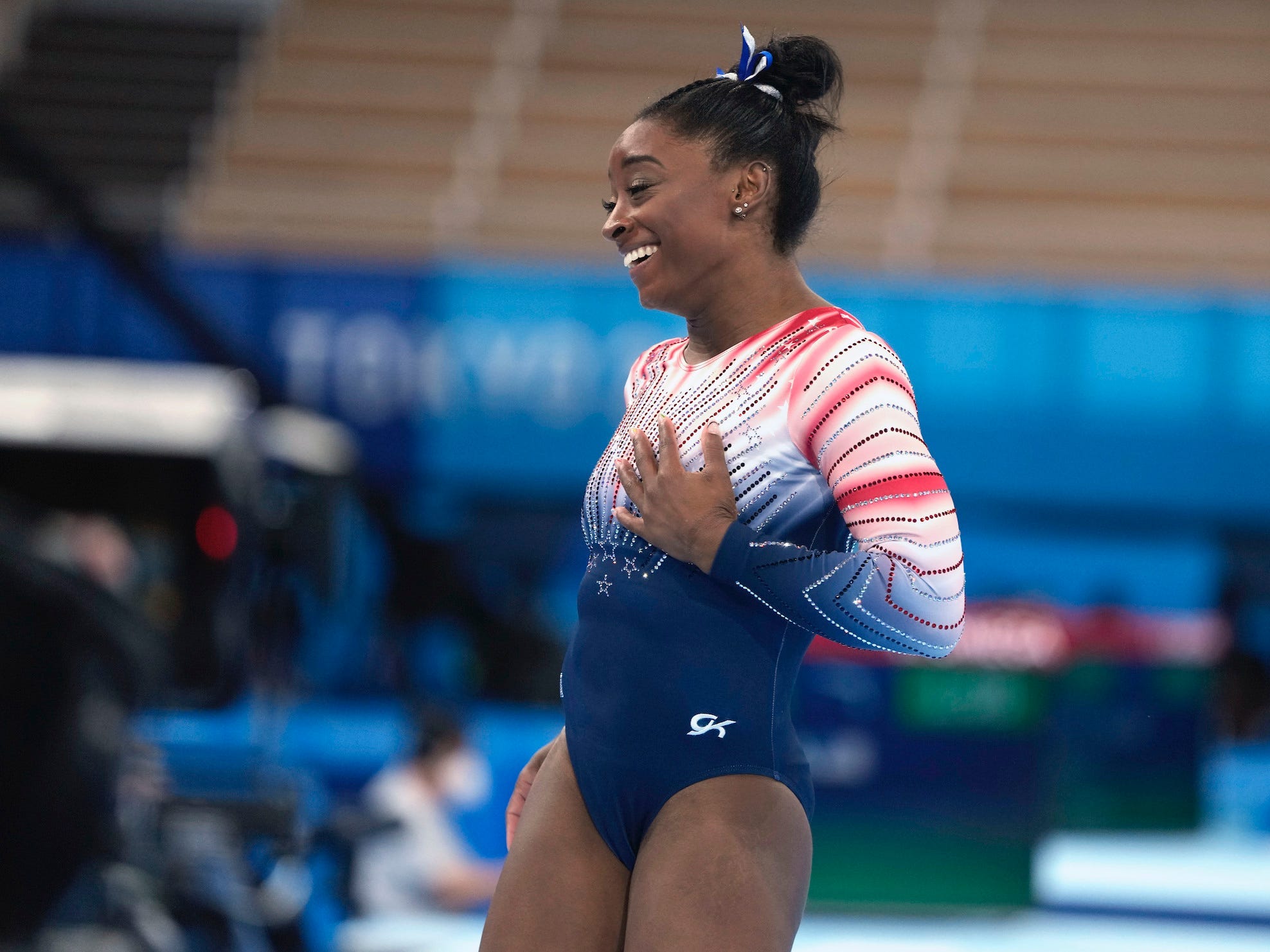 Simone Biles after her Olympic balance-beam routine in Tokyo.